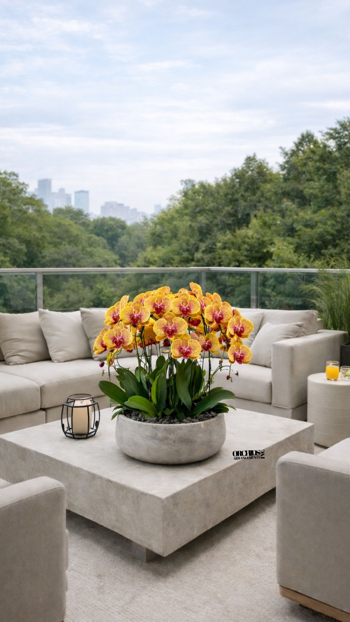 Same Day Flowers Peach Orchid - A high quality Six peach orchids arrangement with a vase 12.5" D X 5" T. An orchid arrangement Flower deliver for any occasion design with fresh natural real beautiful Phalaenopsis cascade orchid plant minimalist decor. 