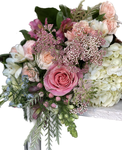 Pastel Perfection - Includes white hydrangeas, baby blue delphinium, rice flower and much more.