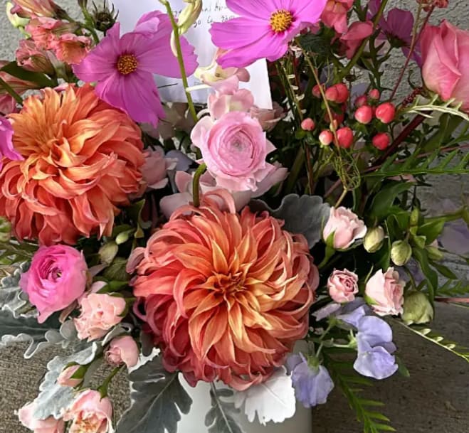 Bold Luxe Bouquet  - The "Bold Luxe" has hot pink and coral as its primary colors. This is the perfect arrangement  for that bold loved one that appreciates texture and color!   *Pictures are a representation of color pallets. The flowers in the photo may change based on availability as dahlias are  seasonal. 