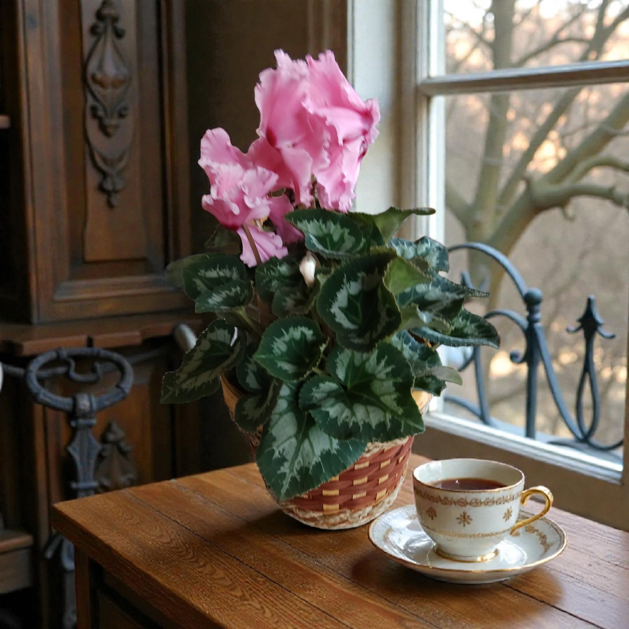 Blushing Hearts Cyclamen - Light Pink - Romantic and refined, this 10-inch Cyclamen is a timeless Valentine’s Day gift.  Soft pink blooms rise above rich, heart-shaped foliage, all beautifully presented in a natural woven basket. A long-lasting expression of love that brings warmth, color, and charm to any space. 