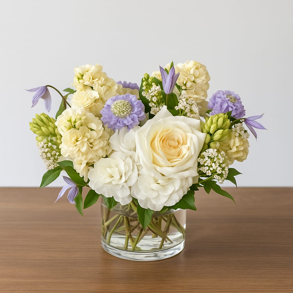 Lavender Serenity - Lavender Serenity Calm, elegant, and timeless — Lavender Serenity blends soft ivory roses, creamy stock, and delicate lavender blooms into a graceful arrangement that soothes the senses. Perfect for expressing gratitude, sympathy, or simply bringing peace to any space. Handcrafted with care by Polk Street Florist, this arrangement captures quiet beauty and refined charm in every petal.