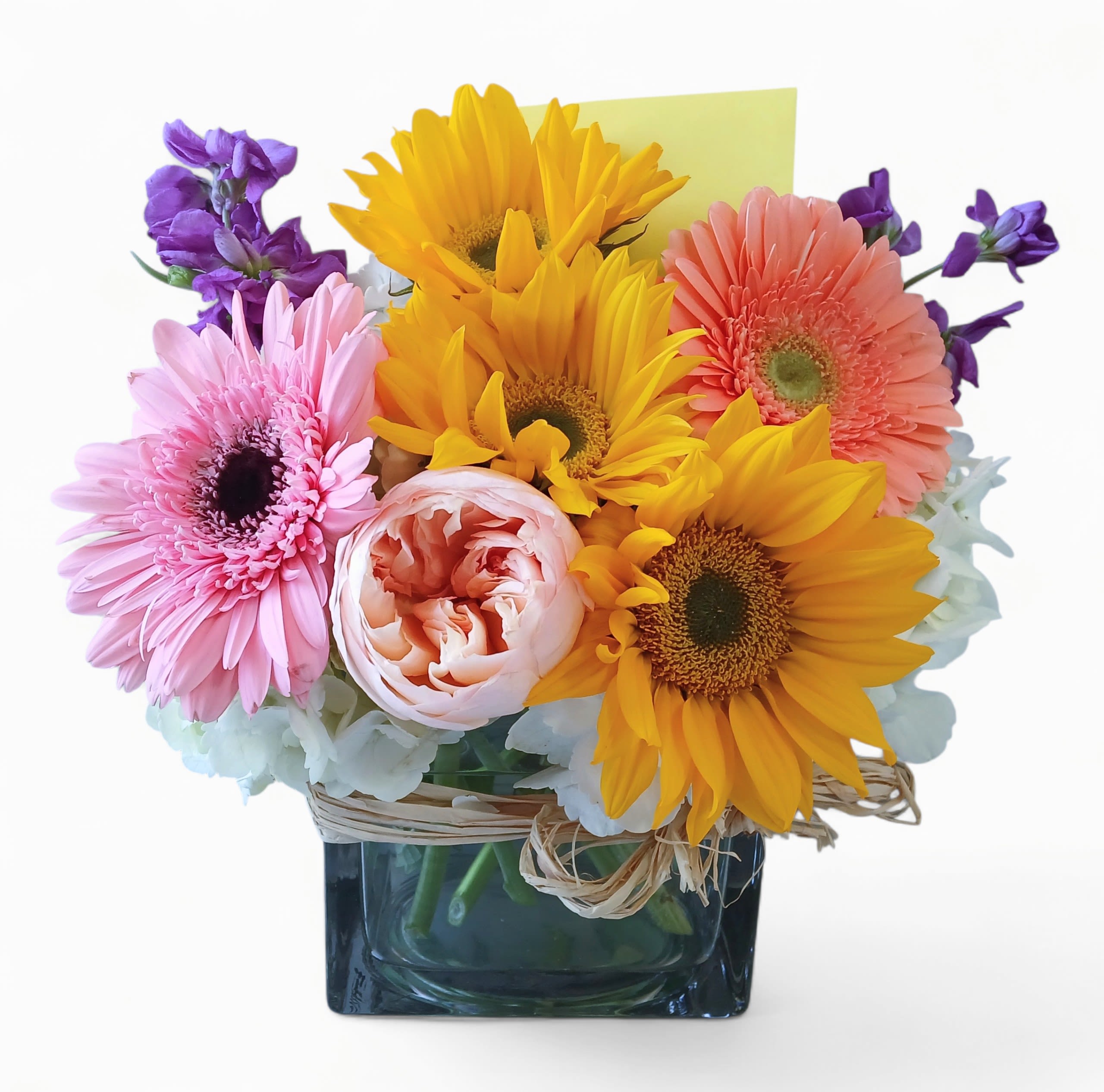 Best Wishes Vibrant Blossoms Designer's Choice - Send this beauty today to let them know that you are thinking of them with it's lovely vibrant blossoms of the day rose and more arranged in a modern glass cube vase. Perfect to send for every occasion to bring a smile. Always made extra special and unique each time. Send happiness.