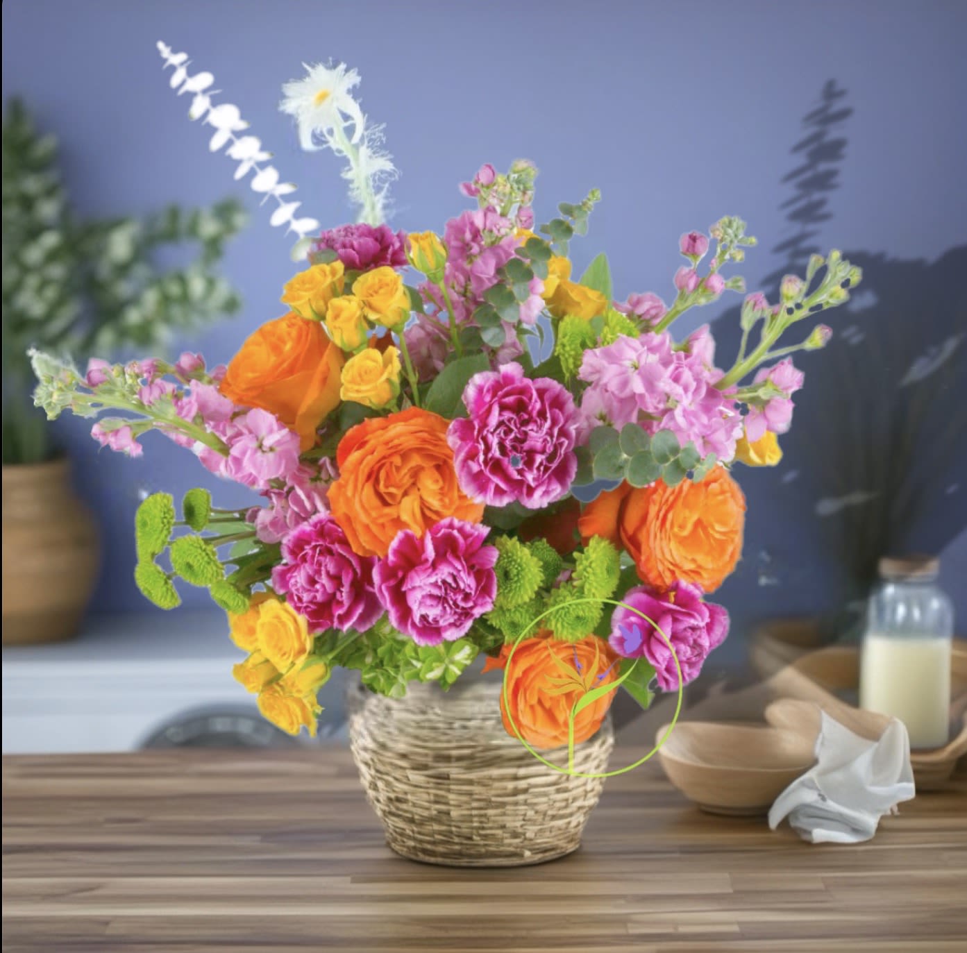 Va Va Bloom, Mama!  BN™ - Let them know that they will forever be 'The One' with the vivacious bouquet. This arrangement includes Roses, Carnations, Stock, Hydrangea and other seasonal blooms. Perfect gift for a birthday or any celebratory occasion.   NOTE: Our flowers and greens are a gift from nature. It’s shade and depth might vary, design, aesthetic and value remains the same. In support of our efforts to aide in the preservation of our planet, PJf uses Fair Trade flowers, Plants, and Recycled containers. Seasonal blooms.