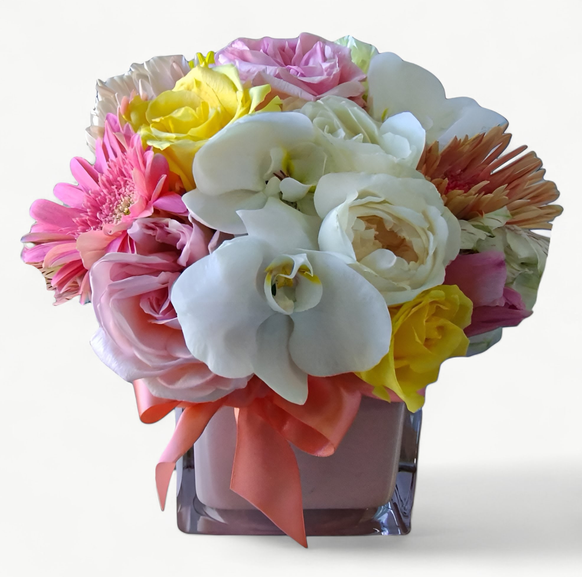 Happy Birthday Girl Designer's Choice - Roses orchids and more arranged in a pink glass modern cube style vase. Perfect for every occasion to show them how much you care. All of my designs are always made extra special and unique each and every time. Send them happiness.