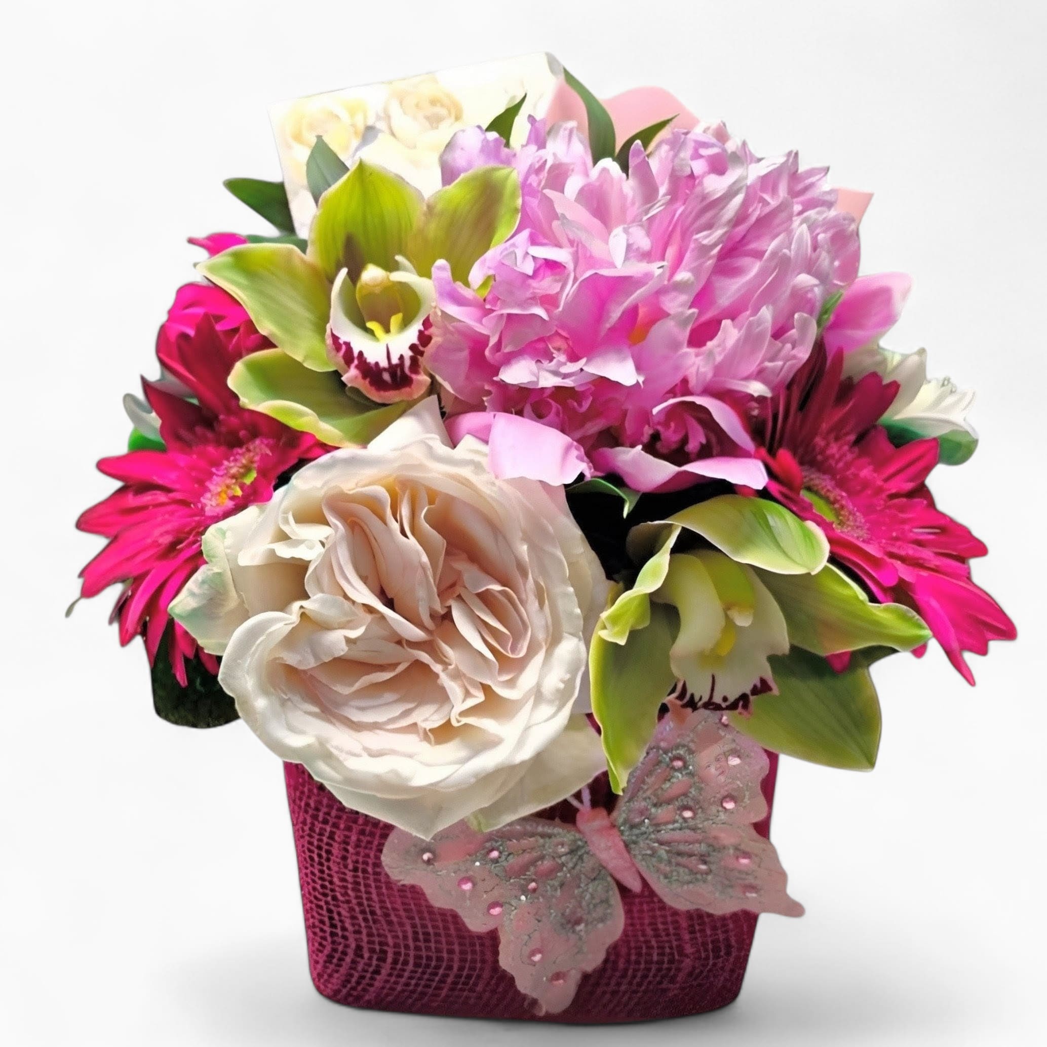 Thinking Of You Sweetie Bouquet Designer's Choice - Designer's choice; made beautifully from my pink and vanilla blossoms of the day roses orchids daisies and more arranged in a modern glass cube style vase wrapped in hot pink jute ribbon. Beautiful. Perfect to send today to show them how much you care. All of my bouquets are always made unique and extra special each time. Send them happiness.