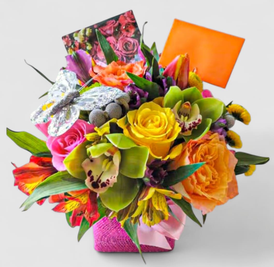 Bright Blossoms Bouquet Designer's Choice - Send this beautiful bouquet today to make them smile with it's bright and bold blossoms of the day roses orchids and more arranged in a modern glass cube vase wrapped in pretty hot pink jute ribbon. Always made extra special and unique each time. Send happiness.