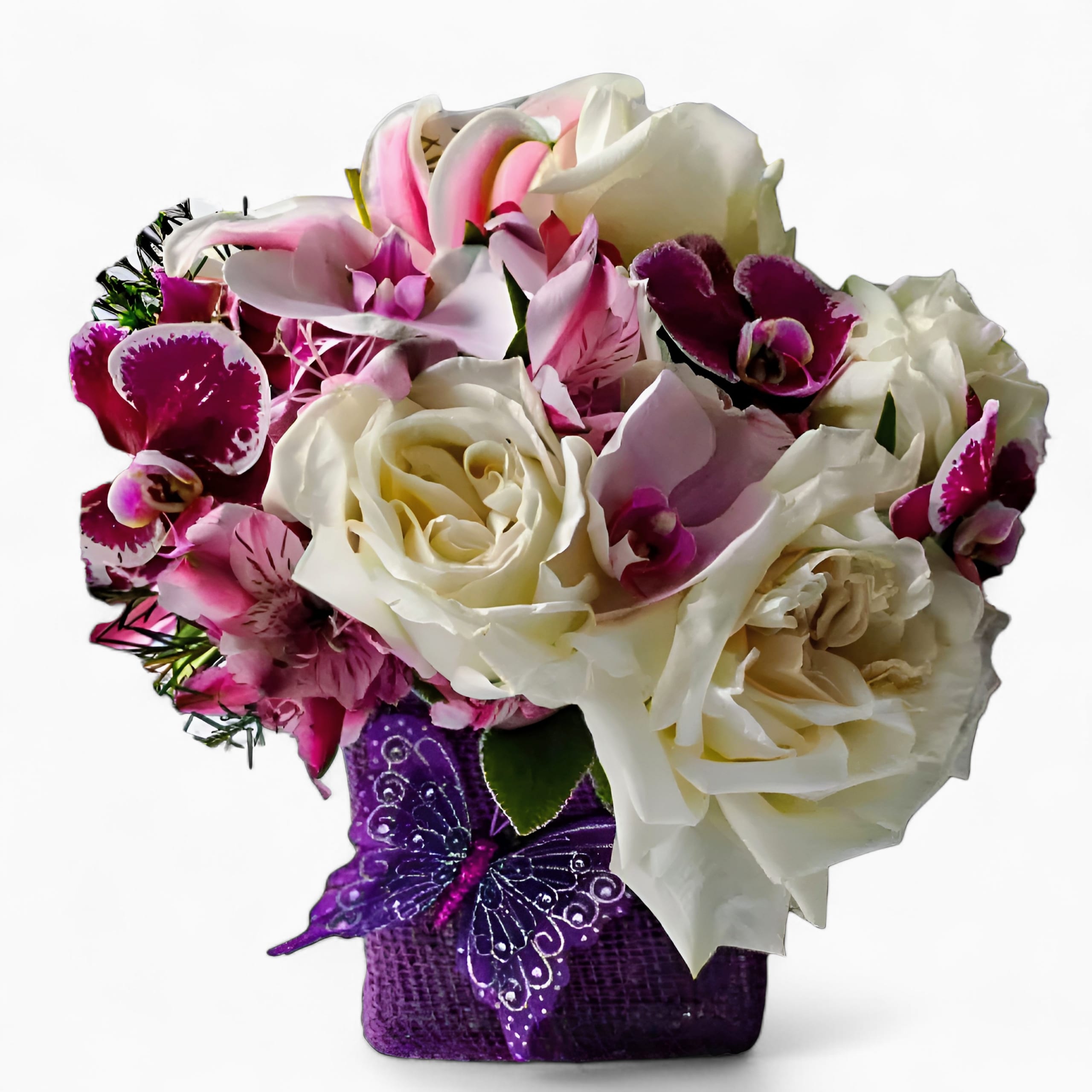 Purple Butterfly Bouquet Designer's Choice - Designer's choice; made beautifully from my purple and vanilla blossoms of the day roses orchids hydrangeas and more arranged in a modern glass cube style vase wrapped in purple jute ribbon adorned with a purple butterfly. Perfect to send today to make them smile. All of my bouquets are always made unique and extra special each time. Send happiness.