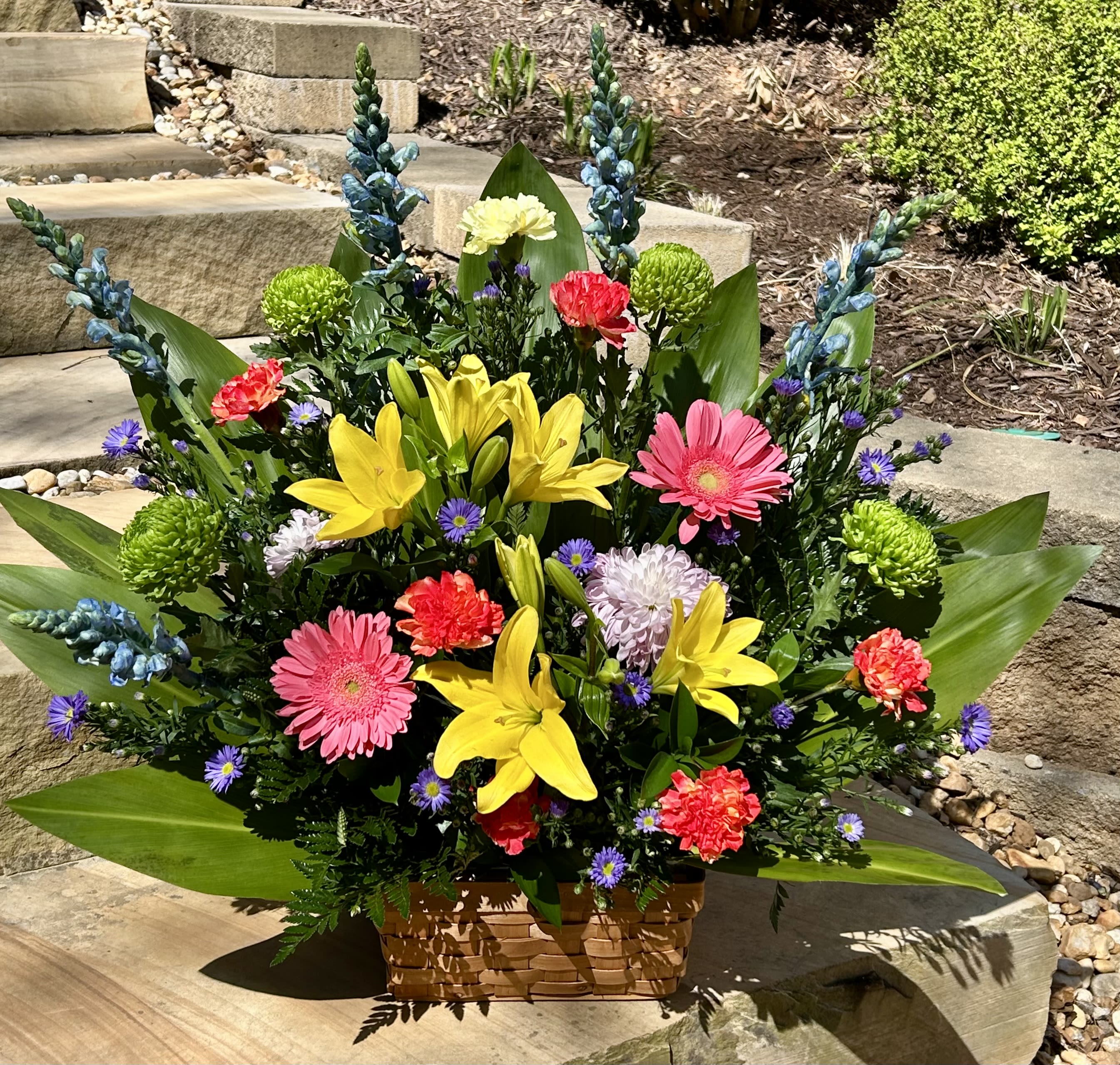Basket of Sunshine - A bright basket arrangement of yellow lilies, pink gerberas, carnations, mums, snapdragons and more.
