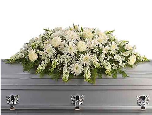 Enduring Light Casket Spray - This exquisite casket spray of artistically arranged white flowers is like a blanket of love and caring. It is a very personal farewell to someone who will be deeply missed. - The elegant arrangement includes white alstroemeria, white snapdragons, white chrysanthemums, white spider chrysanthemums and million star gypsophila, accented with assorted greenery. - Orientation: N/A