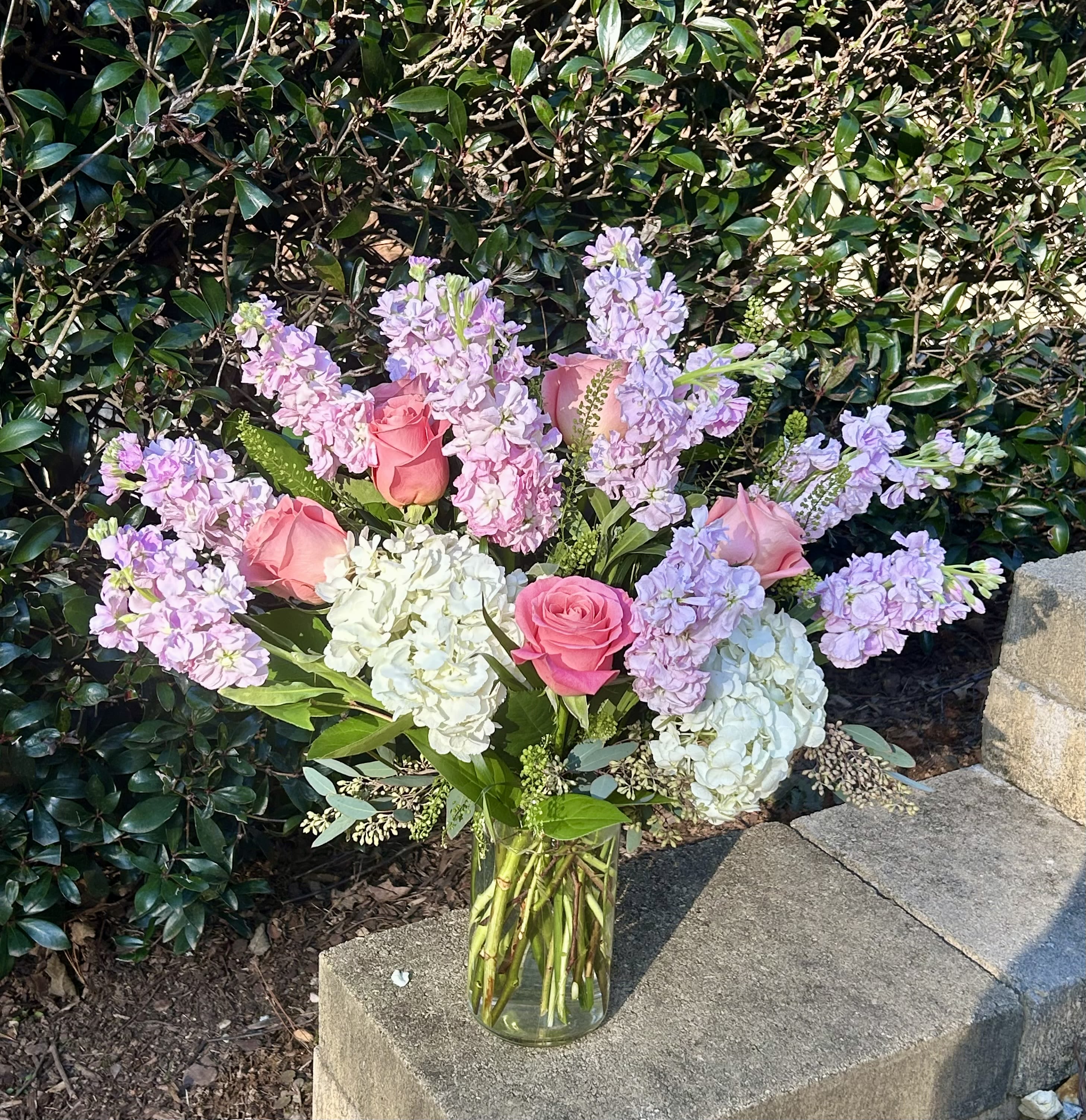 Blush &amp; Bloom - A graceful mix of pink roses, airy lavender stock, and creamy hydrangea—romantic, fresh, and effortlessly elegant, like a spring morning in full bloom.
