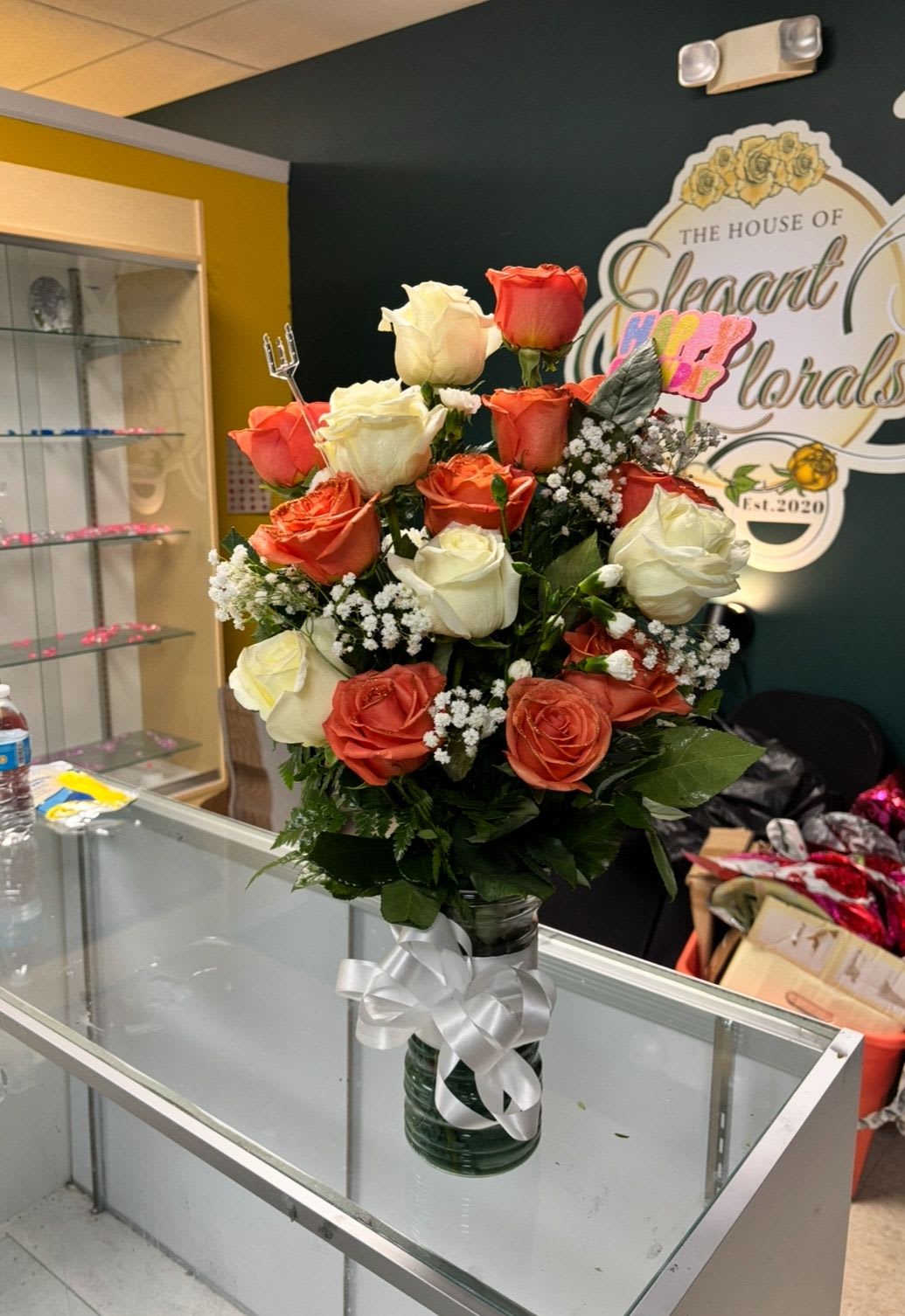 Blush &amp; Ivory Vase Arrangement  - A mix of premium white roses paired with delicate coral roses, creating a romantic floral display.