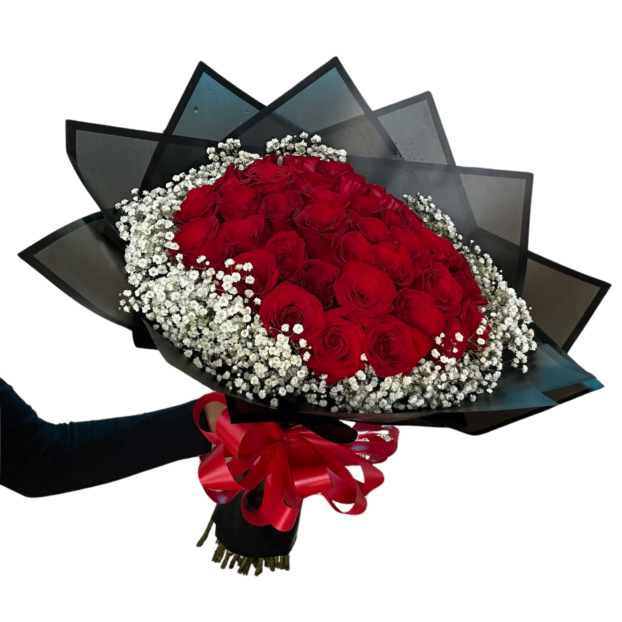 50 Roses Wrap With Babies Breath - 50 of our premium red roses wrapped with babies breath. Accompanied by modern wrap.  Upgrade your bouquet with a banner of 2 to 3 words to say what is in your heart.  (Banner Sold Separately) Wrapping paper might change upon availability to match flowers. 