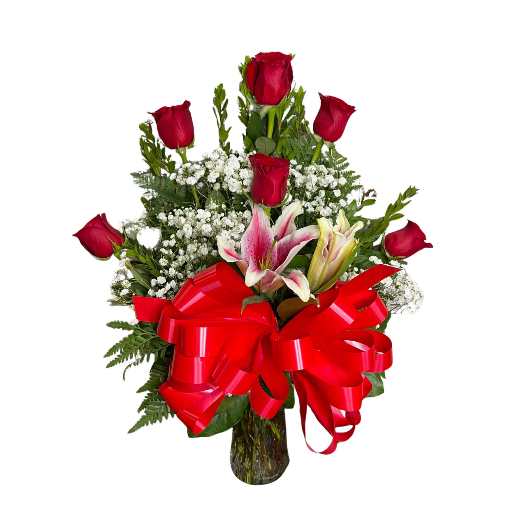 Half a Dozen  - Your love, delivered. Send someone you love and admire some love.   Half a Dozen of our premium roses.  Decorated with baby’s breath, lilies and a bow. 