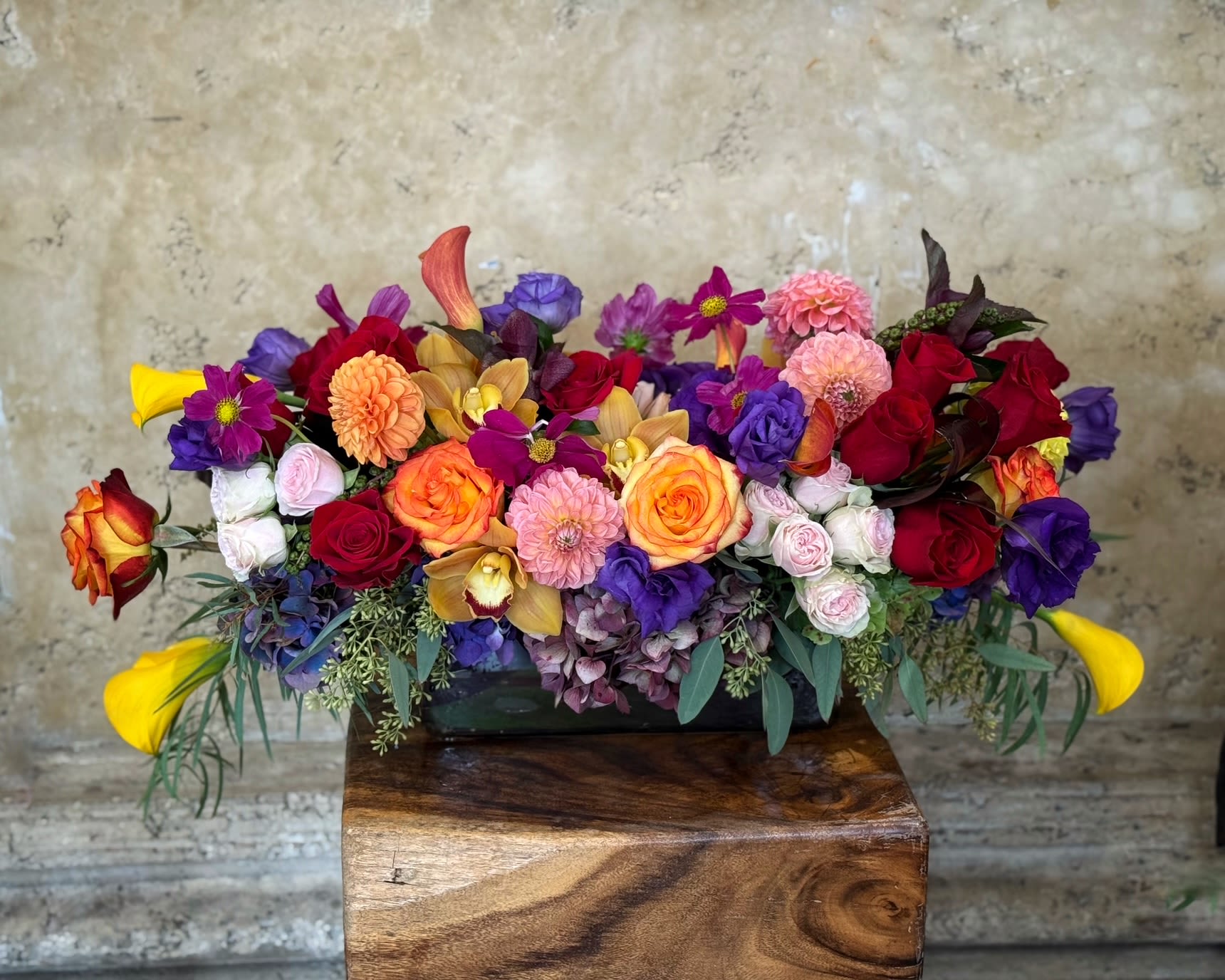 Oakmoore  - Premium Roses, Hydrangeas, Dahlias, Calla Lilies, and more in rectangular block glass vase.  Size 25"L x 10"H x 10"W 