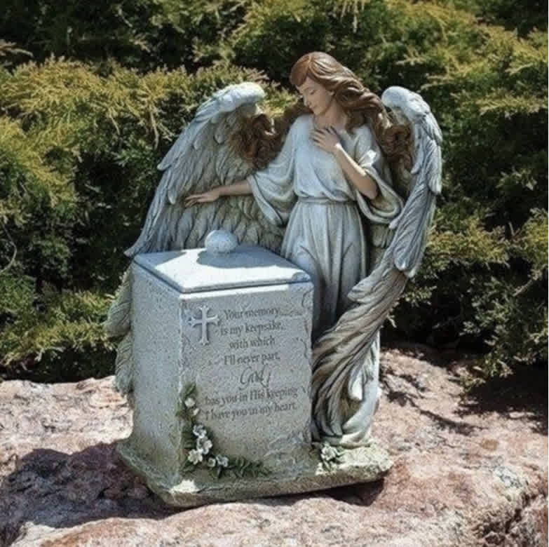 SYMPATHY- 16" H Memorial Box with Angel - Cherish the memories of loved ones with this memorial box. This memorial garden statue will make a thoughtful addition to the special indoor or outdoor area to provide a long-lasting memorialization of loved ones. This uniquely designed memorial box with Angel is a thoughtful and comforting condolence gift.