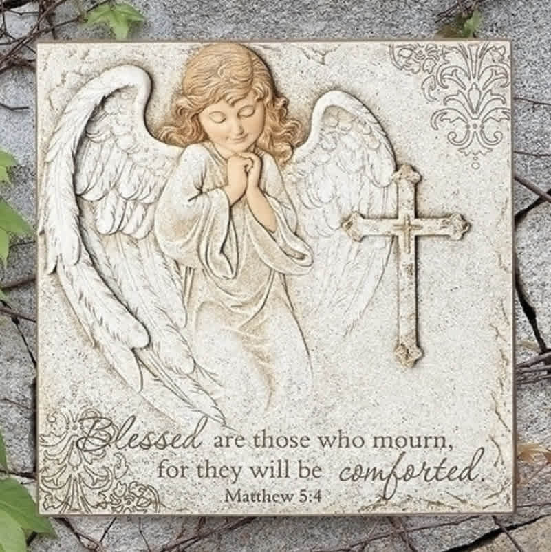 Memorial Angel with Cross Plaque 10.5"H - Memorial garden plaque of angel kneeling with hands folded in prayer beside a cross.