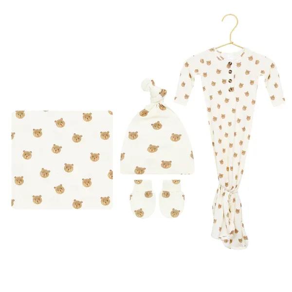 Lou Lou &amp; Company Teddy Print Bundle - The sweetest set of essentials! This perfect bundle is for every new mama and baby and your special fresh start. It’s all you really need (just add baby). Bundle comes with knotted gown, swaddle blanket, mittens and hat. 