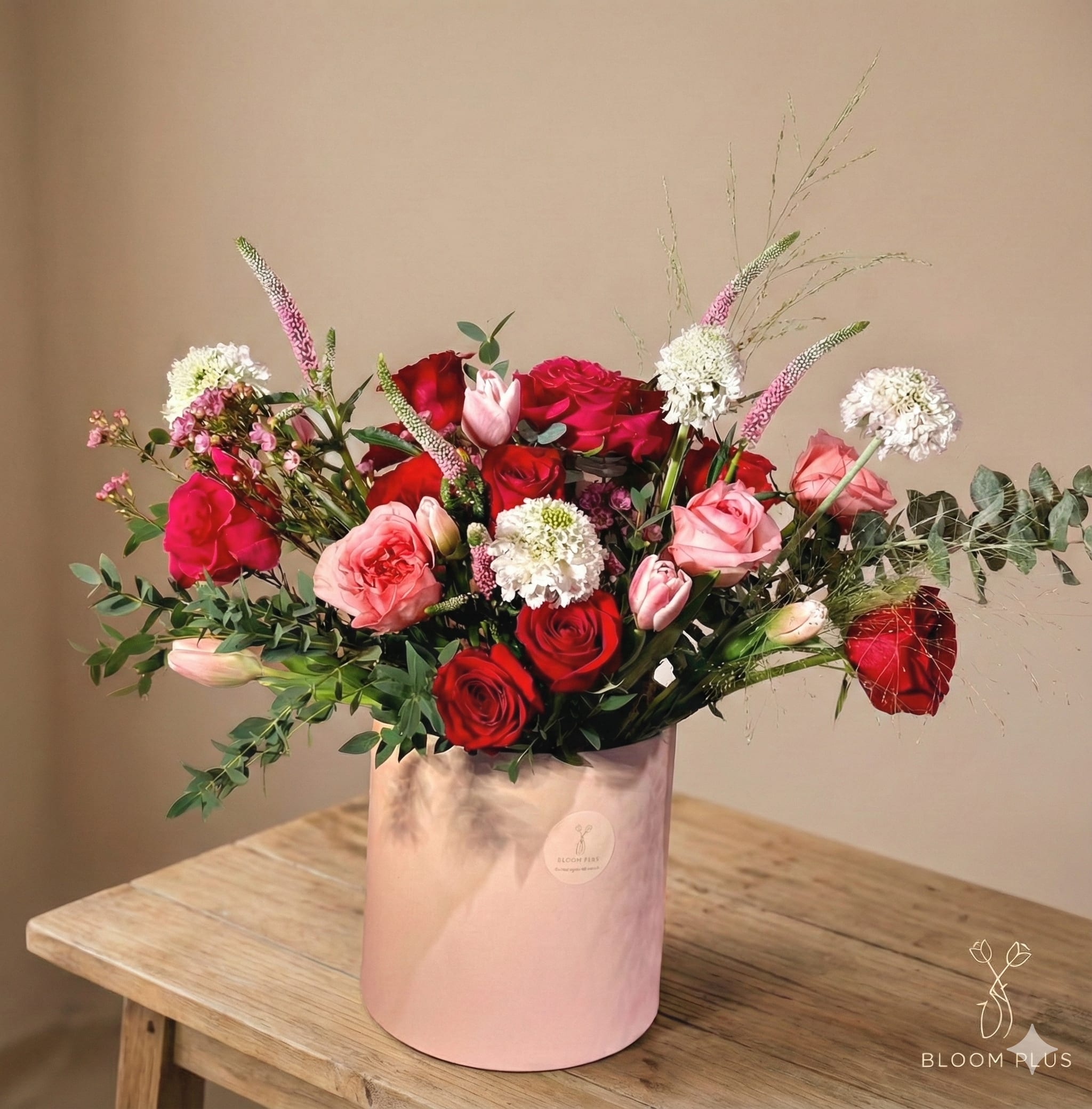 Red, Pink Rose &amp; Scabiosa Flower Box Arrangment (V4) - A romantic Valentine's blend of rose with greenery arranged in a gift box.