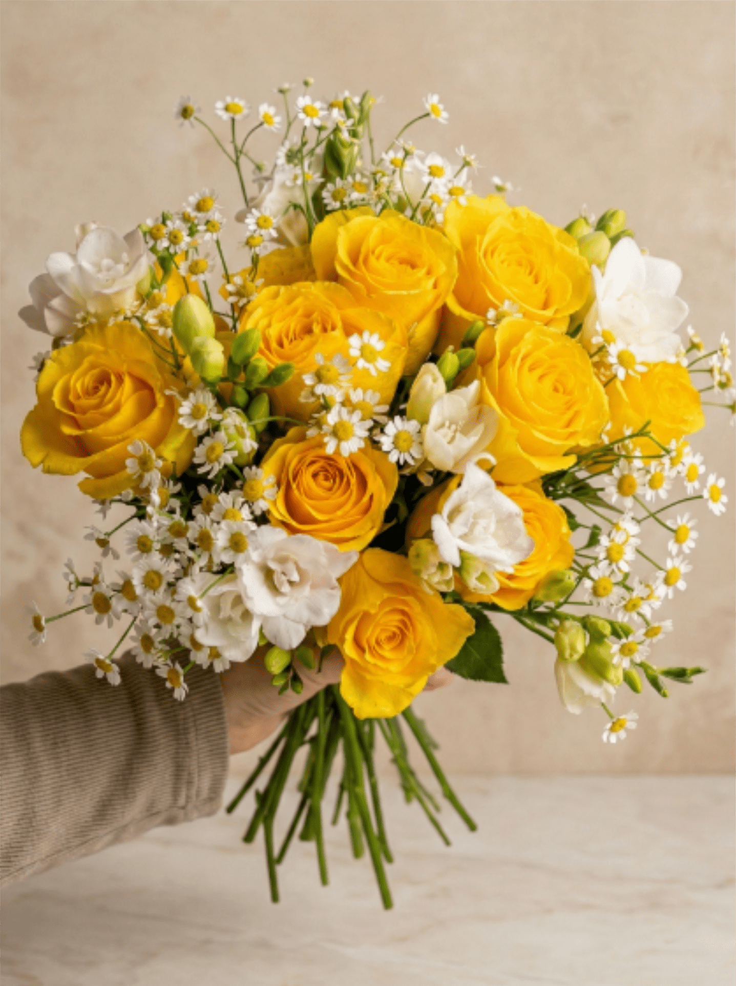 Yellow Roses &amp; Freesia Bouquet (V10) - Roses, Freesia and Chamomile. 