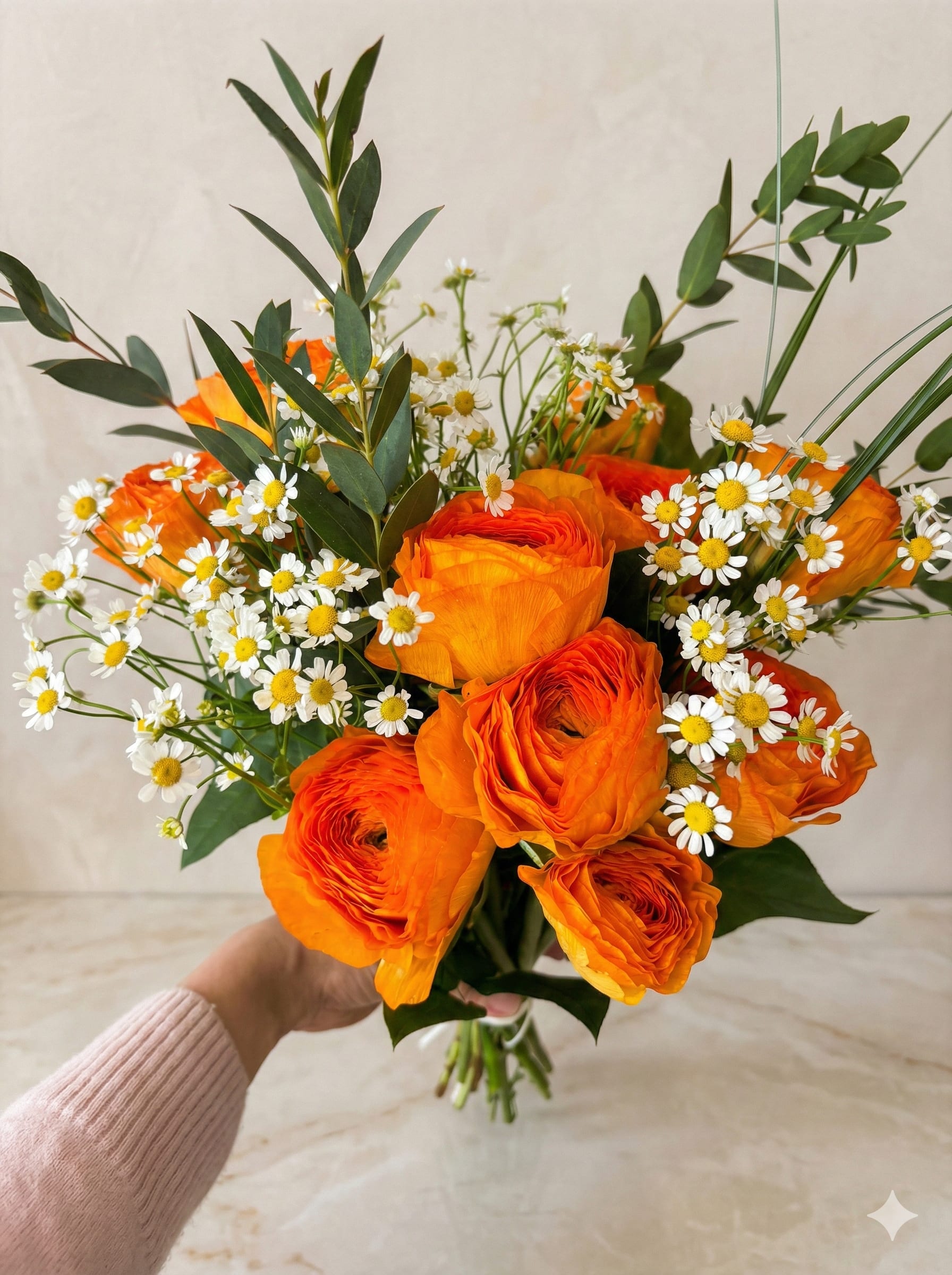 Orange Ranunculus With Greeneries Bouquet (V19) - Orange ranunculus with greeneries. 