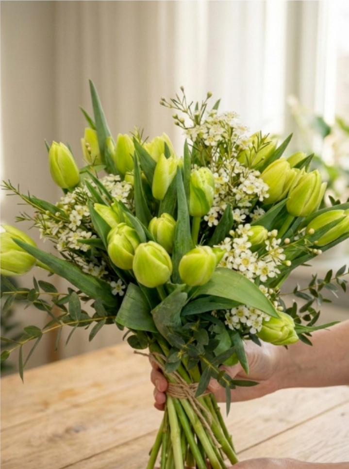 Double Green Tulips with Wax Flowers Bouquet (V41) - Double Green Tulips with Wax Flowers Bouquet. 