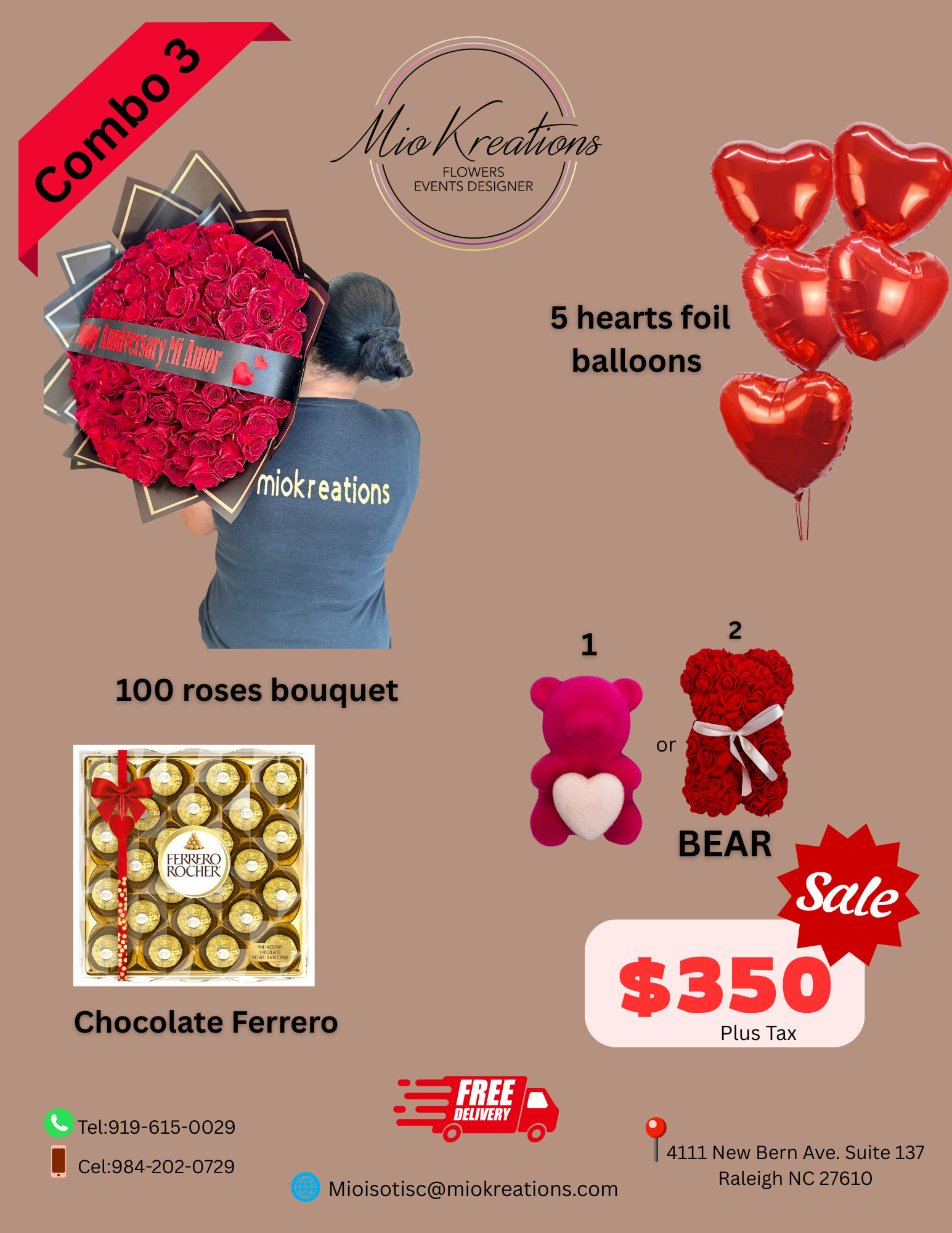 COMBO MK PLATINIUM  - BEAUTIFUL BOUQUET OF 100 ROSES (UP TO 3 COLLORS ), 5 HEART BALLOONS (PINK-WHITE-RED), FERRERO ROCHELL BOX OF 24 AND PRETTY TEDDY BEAR
