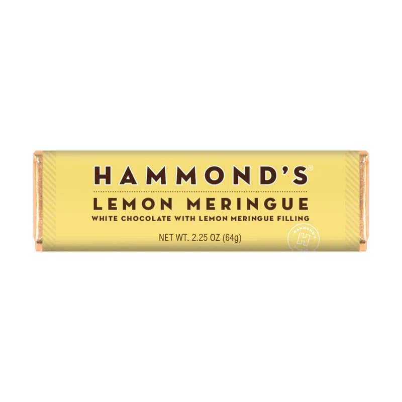 Hammond's Lemon Meringue White Chocolate Bar - Experience a burst of flavor with our Lemon Meringue White Chocolate Candy bar, featuring a zesty lemon-infused white chocolate outer layer and a bold, gooey lemon meringue filling that melts in your mouth with every bite. Indulge in the delightful texture and savor the tangy taste, perfect for satisfying your sweet cravings this summer.   OU-D Kosher 2.25 oz. Chocolate Bar  Please note: Made with gourmet premium ingredients and fun flavors! Manufactured in a facility that processes egg, milk, mustard, peanuts, sesame, soy, sulfites, tree nuts, and wheat. 