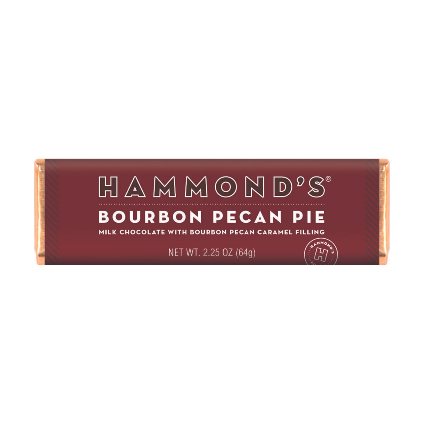 Hammond's Bourbon Pecan Pie - Indulge in a rich and decadent treat with our Bourbon Pecan Pie Caramel Chocolate Bar. This must-try treat features a delicious milk chocolate shell that encases a classic bourbon pecan pie caramel filling. The perfect combination of rich flavors makes this chocolate bar a great gift for Father's Day, birthdays, or graduations. Treat yourself or your loved ones to the irresistible taste of our Bourbon Pecan Pie Caramel Chocolate Bar. OU-D Kosher 2.25 oz. Chocolate Bar Please note: Made with gourmet premium ingredients and fun flavors! Manufactured in a USA facility that processes egg, milk, mustard, peanuts, sesame, soy, sulfites, tree nuts, and wheat.  