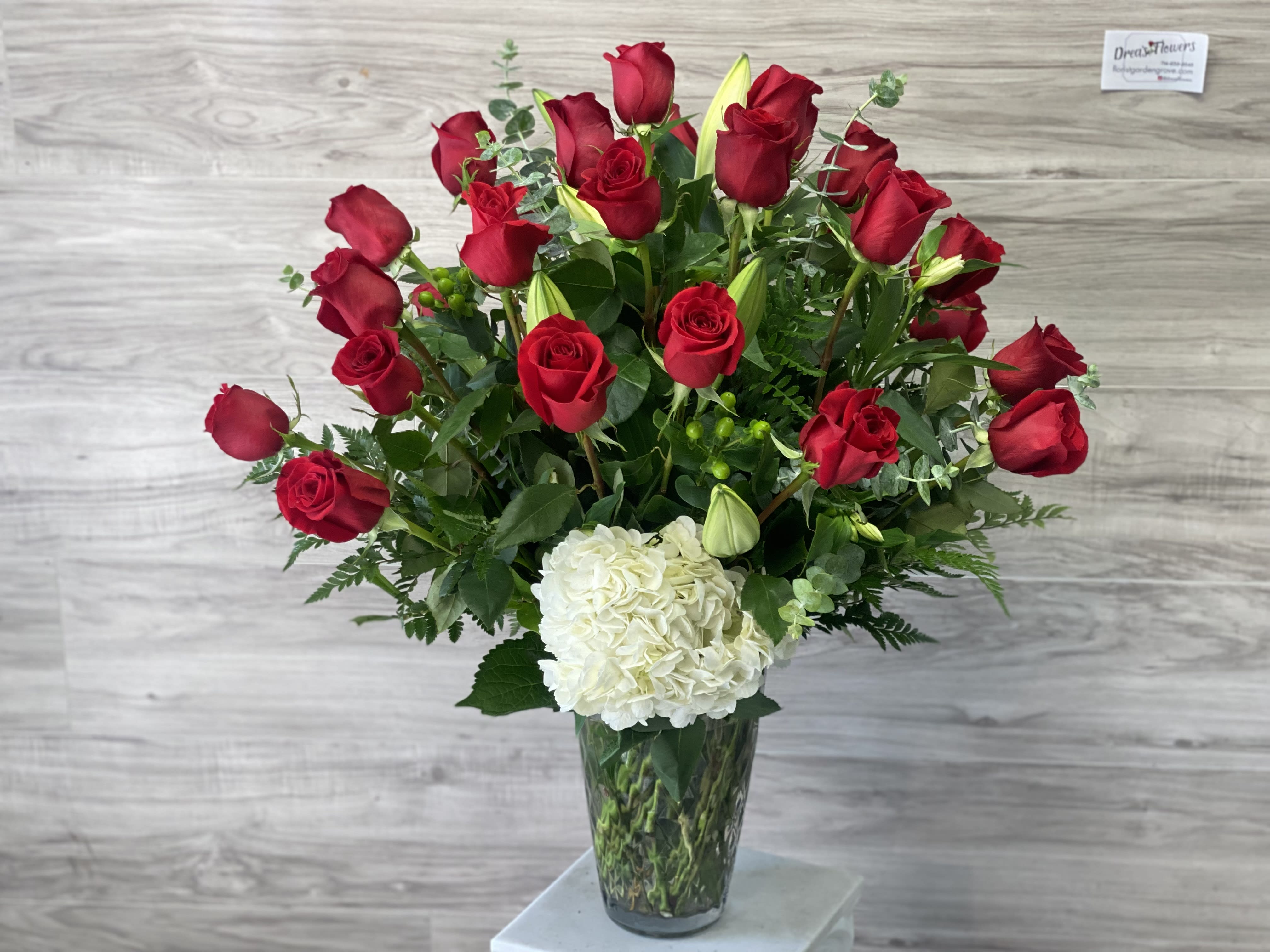 Devoted To You - 2 Dozen long stem red roses , with Hydrangea, Lilies, and Eucalyptus 