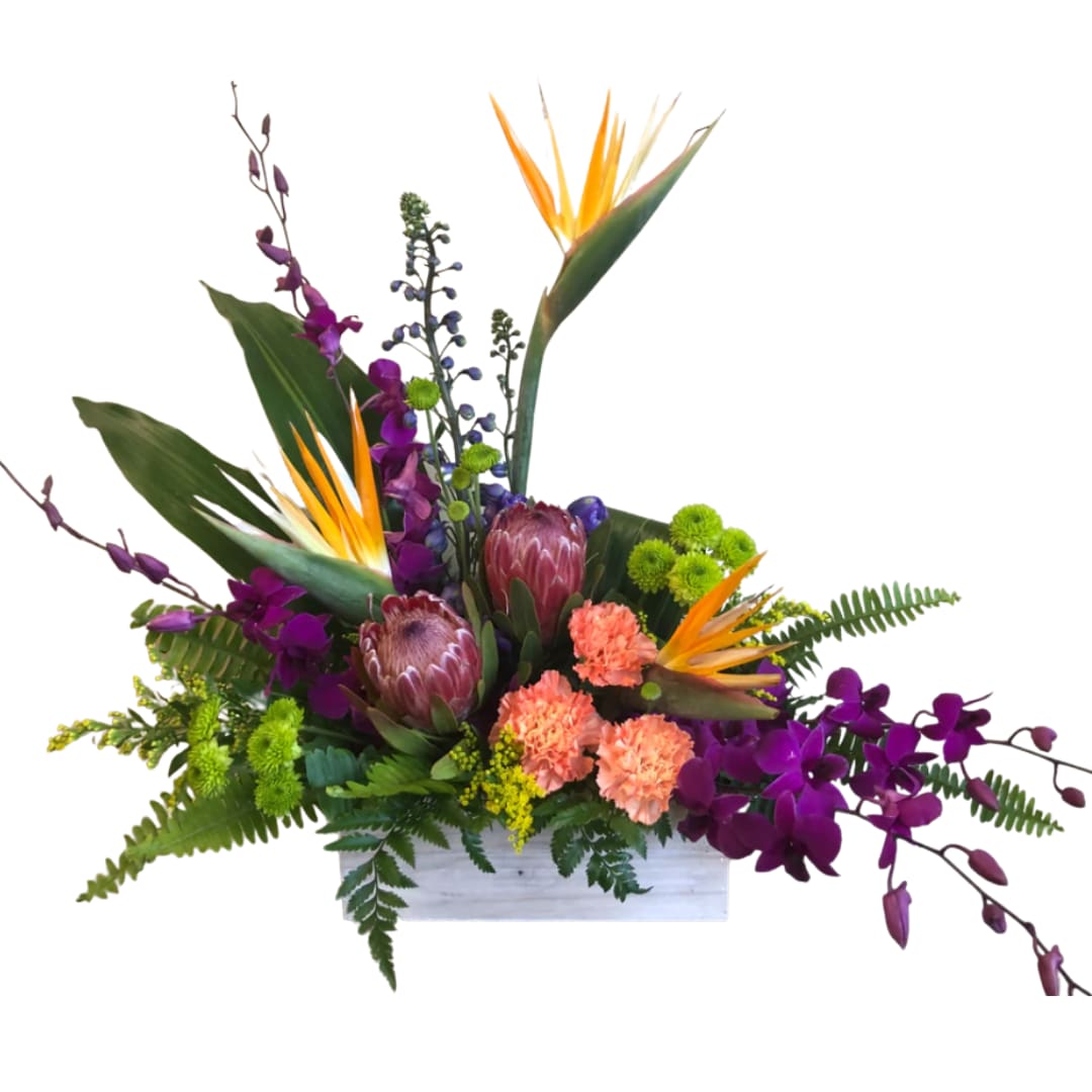 Lovers Paradise - Reclaimed wooden box holds a colorful arrangement of Bird of Paradise, Pink Ice Protea, Dendrobium Orchids, Liatris, Carnations, Kermit poms, Solidago and a variety of Tropical Greenery