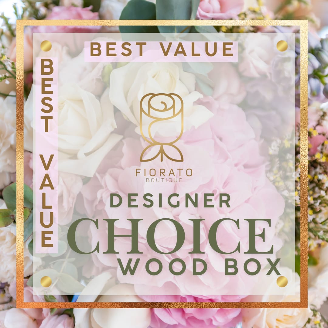 Designer’s Choice In a Wood Box - An artisanal floral arrangement presented in an elegant wooden box. Featuring fresh seasonal blooms and a completely free-form design, this creation reflects Fiorato’s natural and authentic essence.  Perfect for those seeking a gift with character, style, and beauty that speaks for itself. Exclusive design. Organic charm. Timeless elegance.