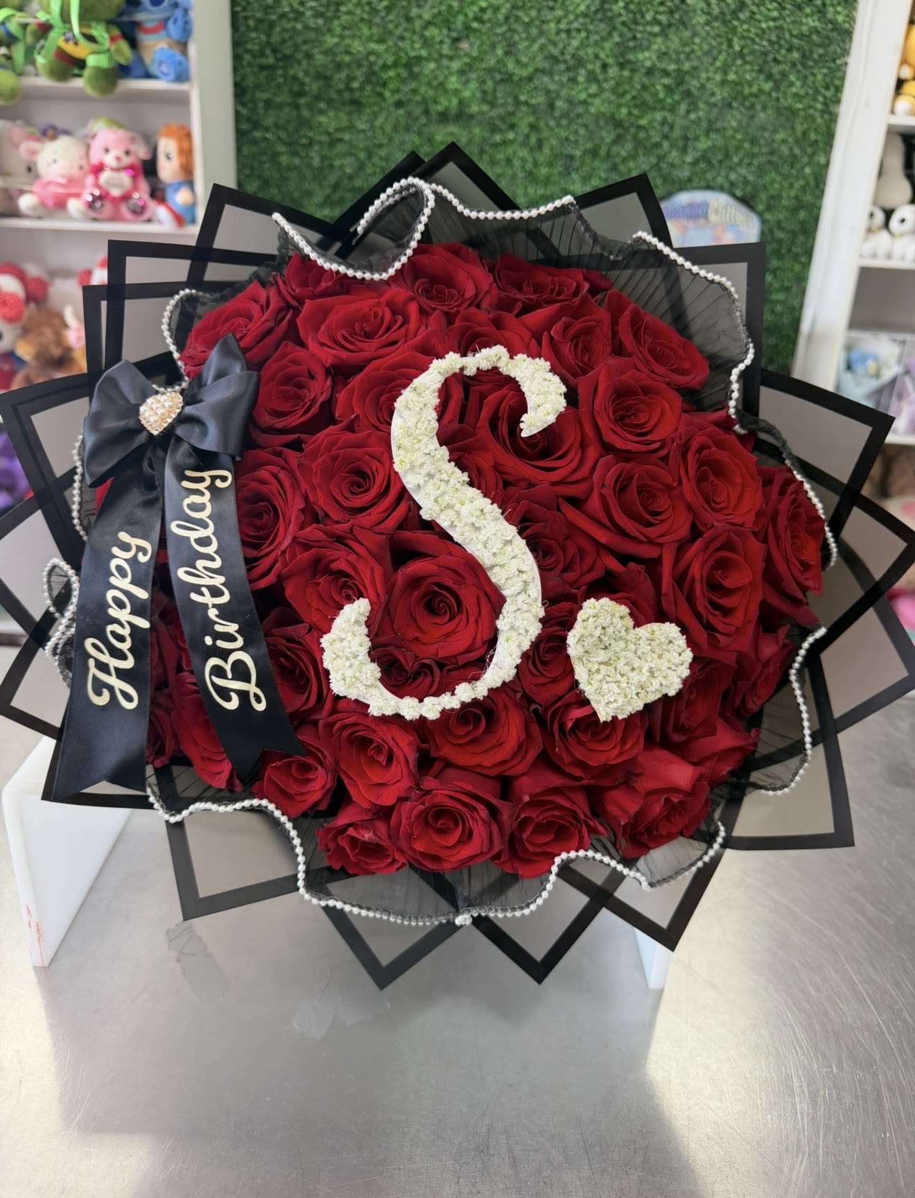 Happy Birthday Bouquet - 50 red long stem roses with pearl mesh black korean paper and custom inital 