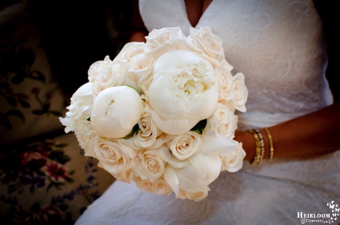 Peony Bridal Bouquet - Traditional. classic, and breath taking, this bridal bouquet is made up of white peonies, ivory roses, and hand picked garden roses.   includes one round of review with min bouquet :)
