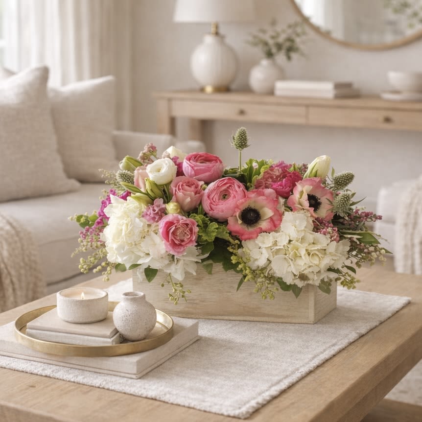 Always a Lady  - Always a Lady – Rustic Floral Elegance  Bring timeless sophistication into your space with Always a Lady, a stunning floral arrangement designed to impress. This rustic yet refined box is filled with lush white hydrangea, pink and white ranunculus, white tulips, pink anemones, and delicate pink roses—a perfect balance of charm and elegance.  Ideal for home décor, family gatherings, or entertaining guests, this handcrafted bouquet adds warmth and beauty to any setting. Whether you’re looking for the perfect gift for her, a thoughtful way to say thank you, or simply a way to brighten your home, Always a Lady is a showstopping choice.  Celebrate life’s moments with a floral design that is as tasteful, graceful, and unforgettable as its name.
