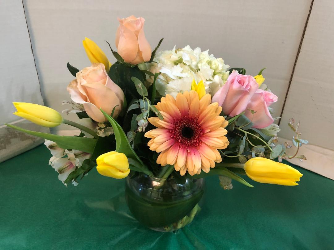 Bubble Floral Design (Picture is Deluxe) - Roses, Tulips, Hydrangea, Gerbera Daisies, Alstroemeria,  Fancy Greens
