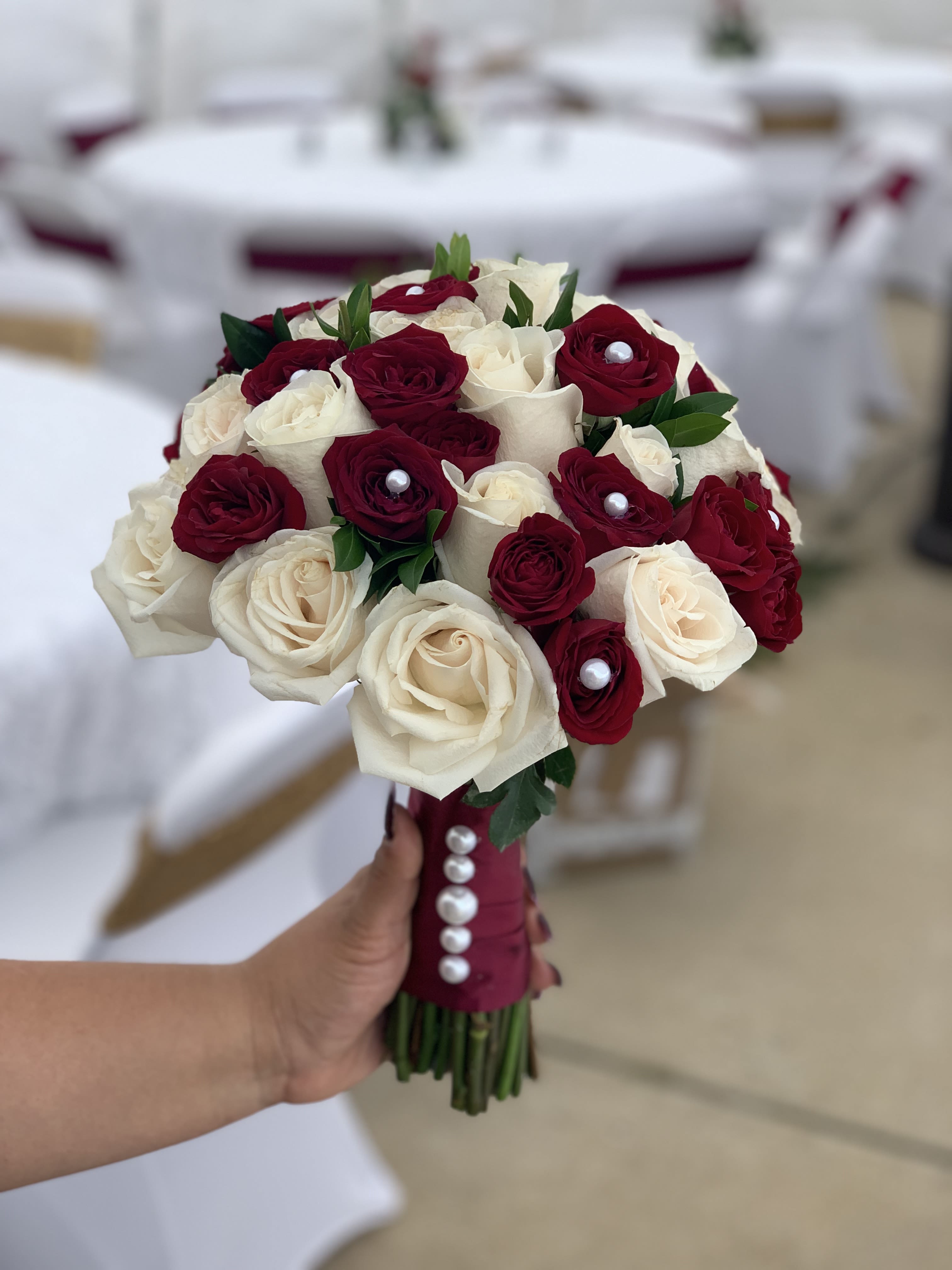 Wedding seven - Our classic burgundy  and white natural bouquet 