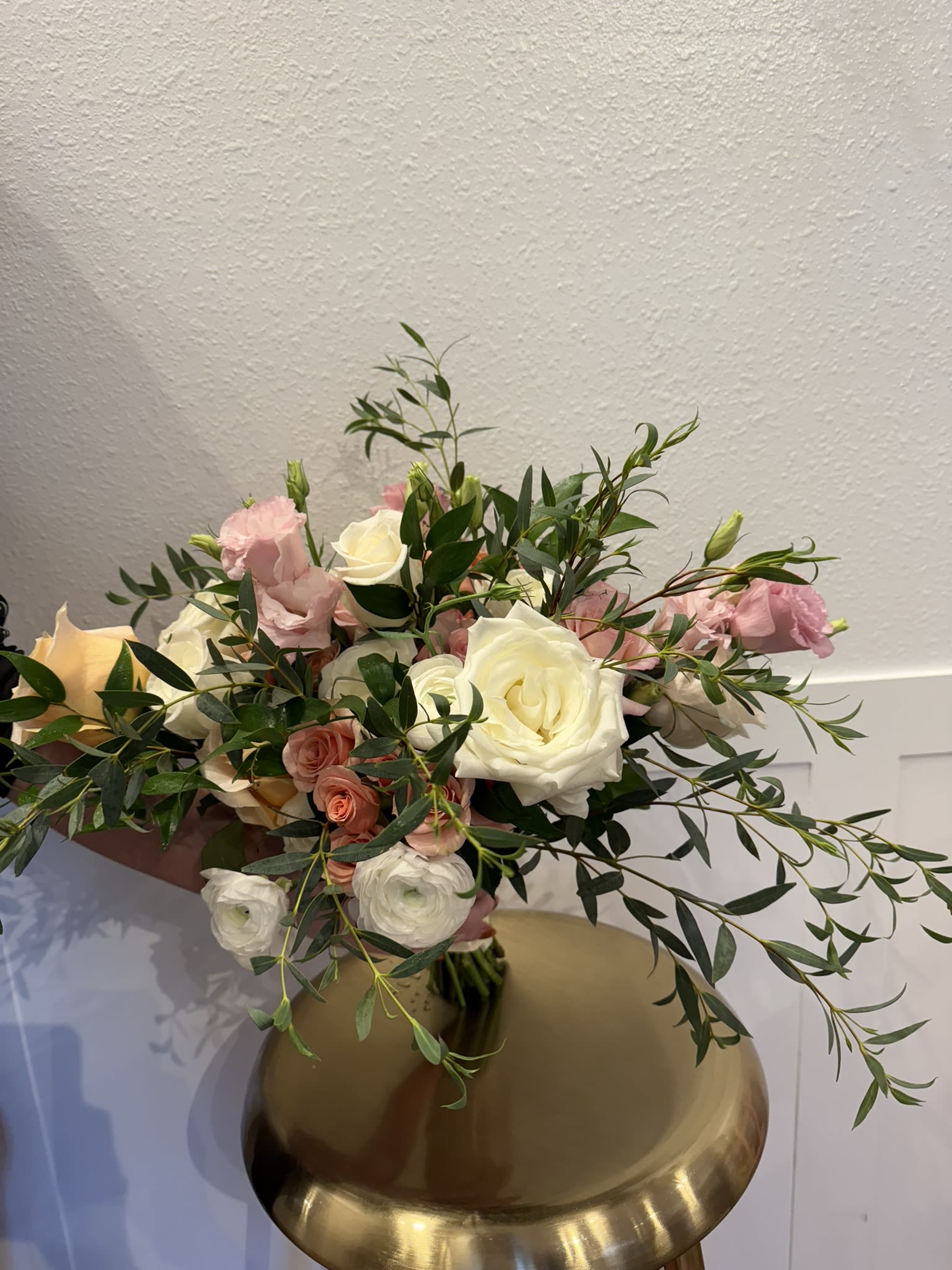 Soft &amp; Romantic - A lush garden-style bouquet featuring delicate white florals accented with gentle pink tones, full of natural movement and grace.