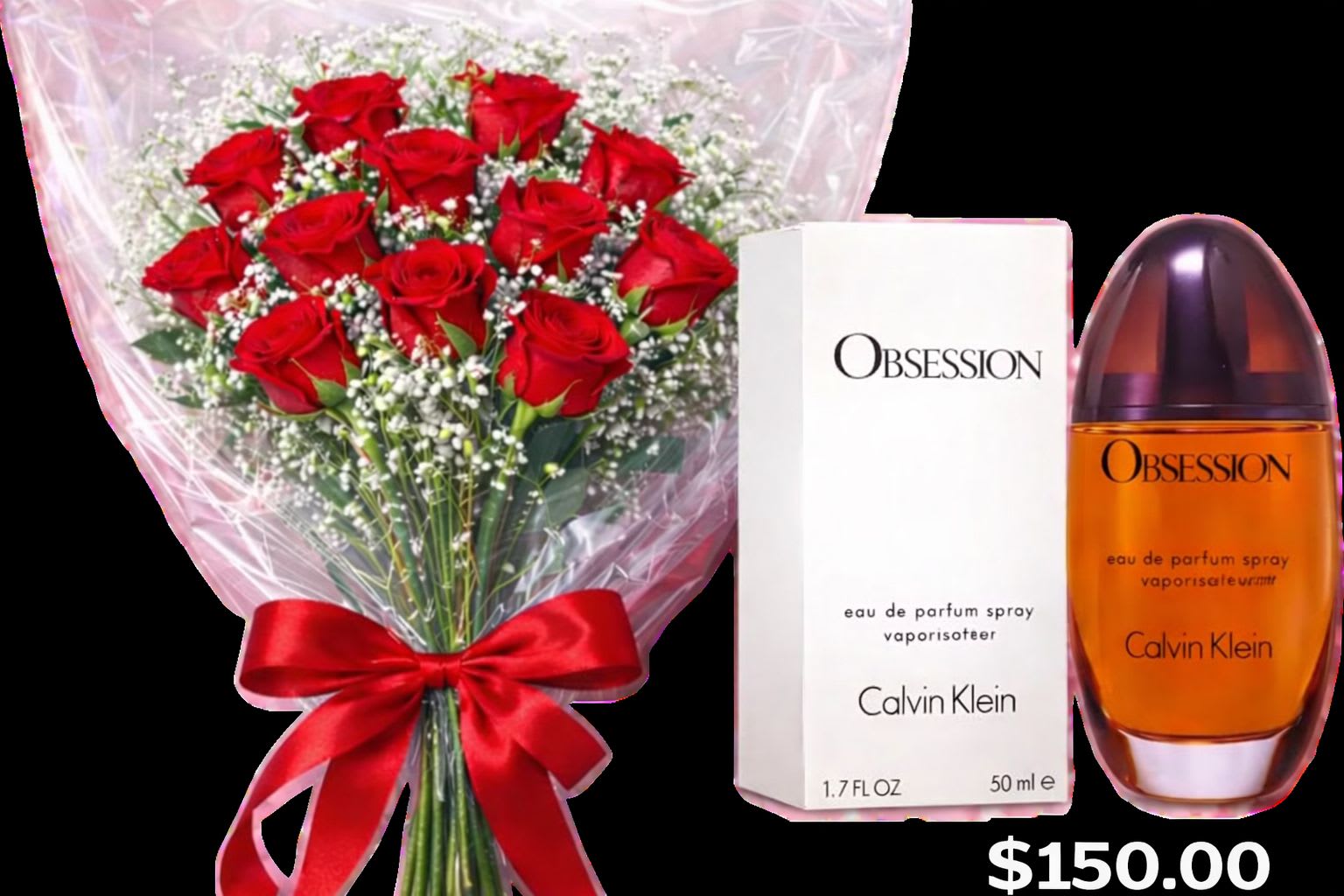 Obsessed with you Package - Turn up the romance with this classic Valentine’s Day gift combo! This package includes a stunning bouquet of fresh red roses accented with baby’s breath and greenery, beautifully wrapped with a bold red bow, paired with Calvin Klein Obsession Eau de Parfum 1.7 oz. for the perfect finishing touch.  A timeless gift that’s passionate, elegant, and unforgettable—just like your love. 