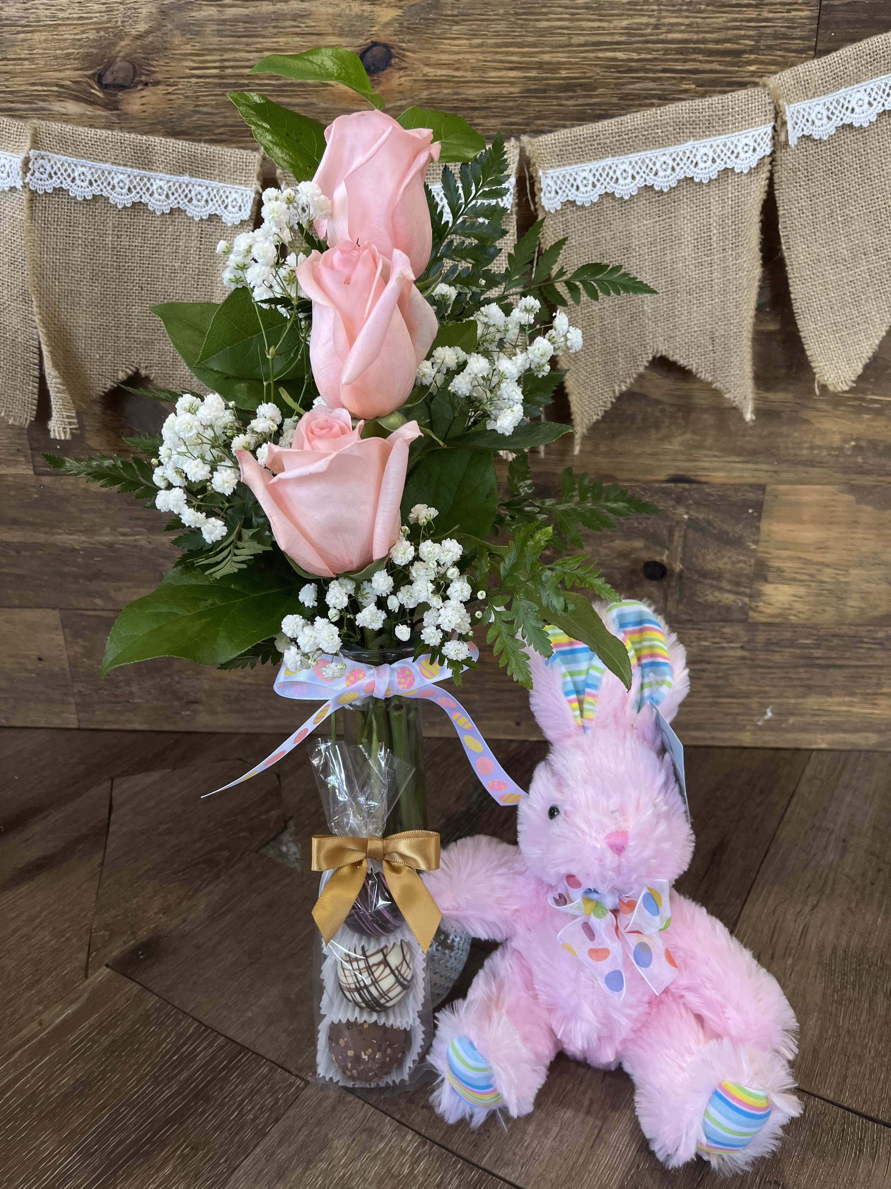 Easter Bundle! - Say Happy Easter! With a cute three rose bud vase, a fluffy Easter Bunny, and delicious gourmet truffles! 