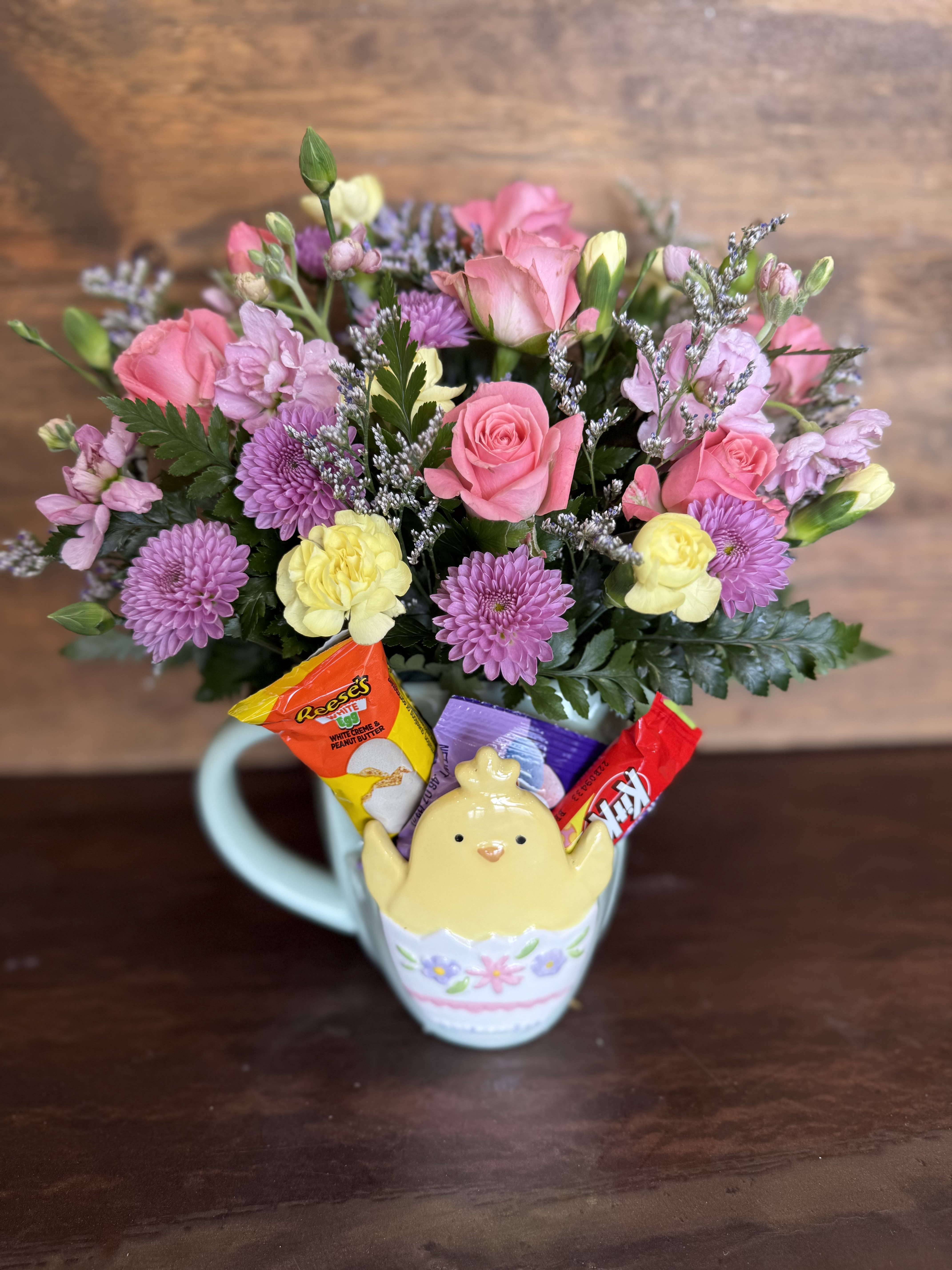Easter Candy  - Adorable Easter mug filled with beautiful flowers and three pieces of Easter Candy!