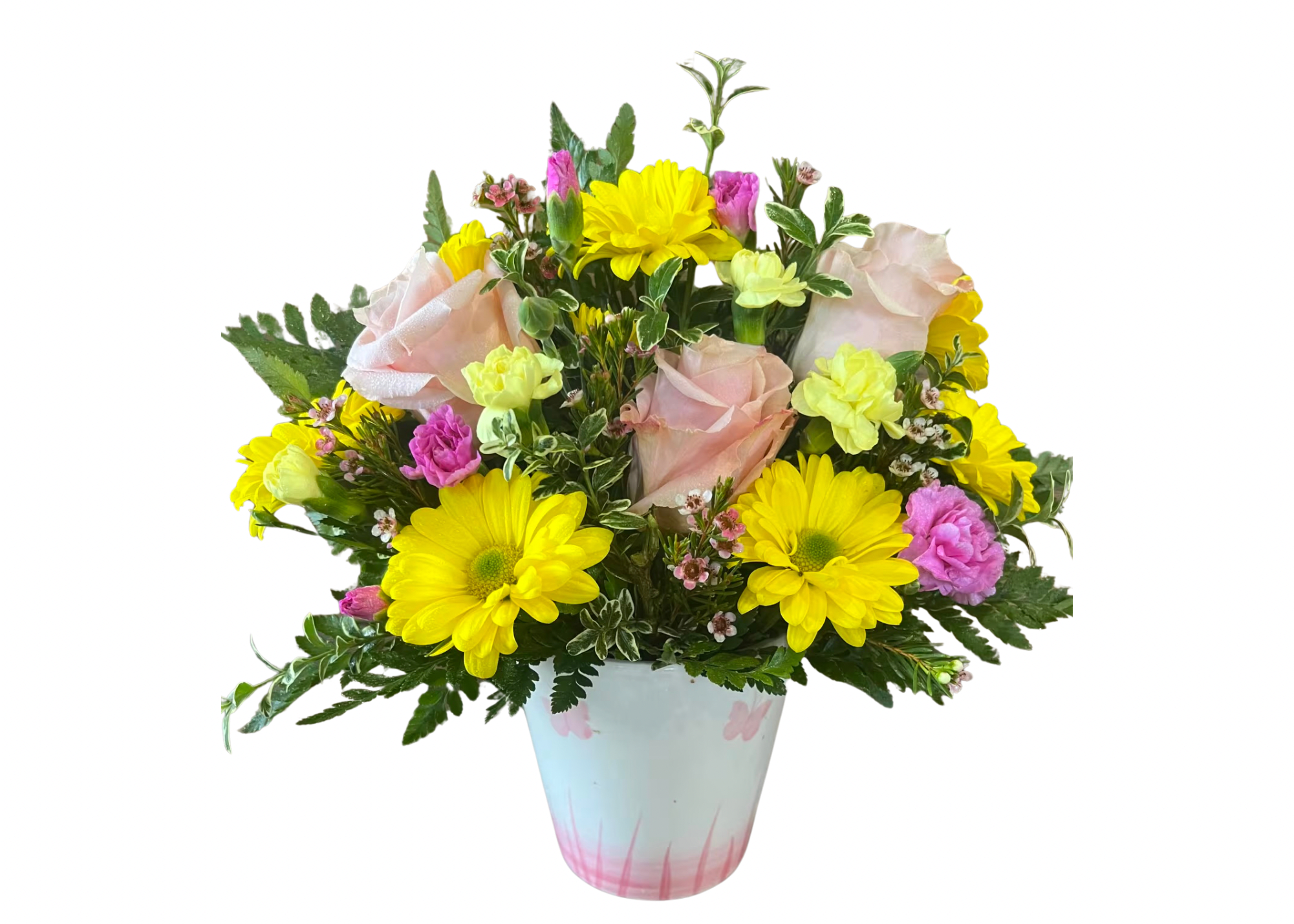 Butterfly Spring  - This adorable butterfly ceramic container is filled with Roses, Daises, mini Carnations and Wax Flower!  **container color varies, yellow, pink or orange”  