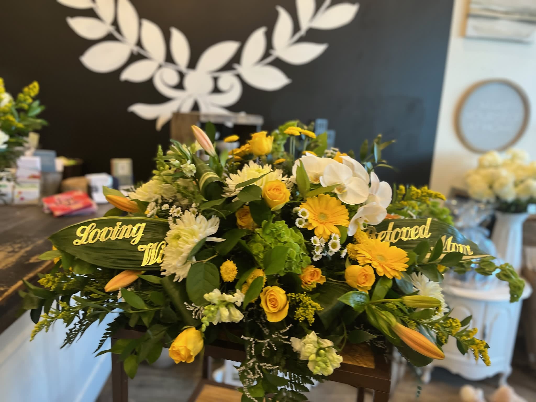 yellow sunset - Beautifully crafted white and yellow casket spray