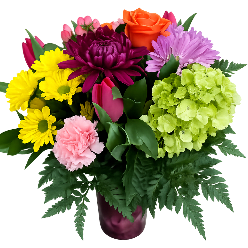Team Work Bouquet - Green hydrangea, orange roses, pink tulips, yellow daisys, Pink carns, lavender cushion poms, hypericum berries and purple mums arranged in a glass vase