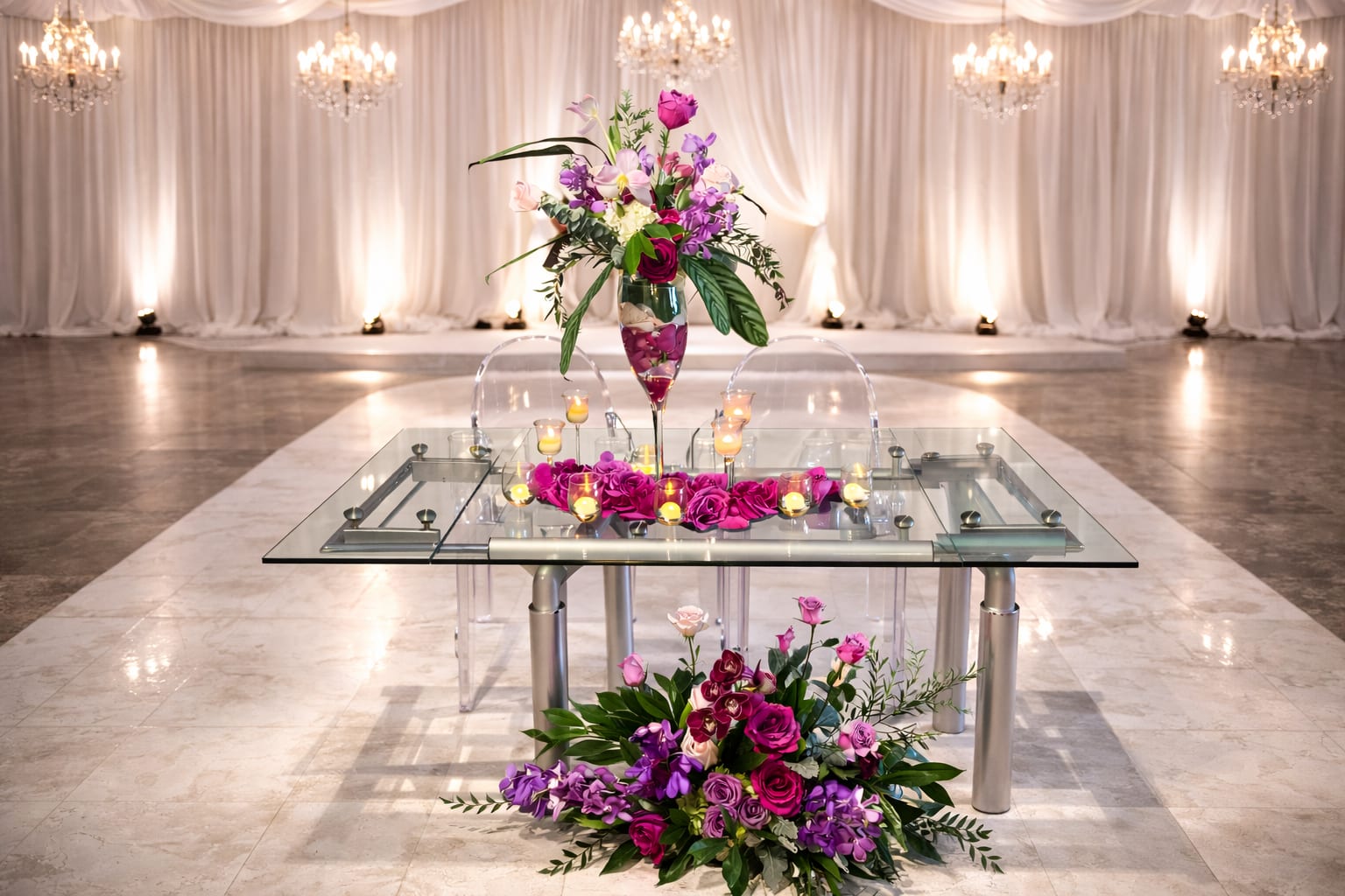 Bride Table and Bridal Bouquet  - A breathtaking display of exotic and carefully curated florals, designed to elevate the bride and groom's table into a true centerpiece of elegance. The bridal bouquet is a masterful composition featuring the timeless romance of roses, the delicate charm of ranunculus, and the airy softness of gypsophila, all beautifully accented with a dramatic flowing cascade of cymbidium orchids. This lush and sophisticated arrangement strikes the perfect balance between refined femininity and bold floral artistry, creating an unforgettable statement piece that complements the beauty of the moment and the vision of the bride on her most special day.