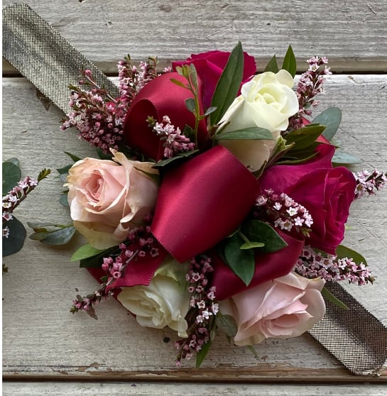 Couple Set Corsage #2 - Pink and white spray roses, calcynia (or other seasonal filler) variety of greenery on beaded or slap wristband with your choice of ribbon color.