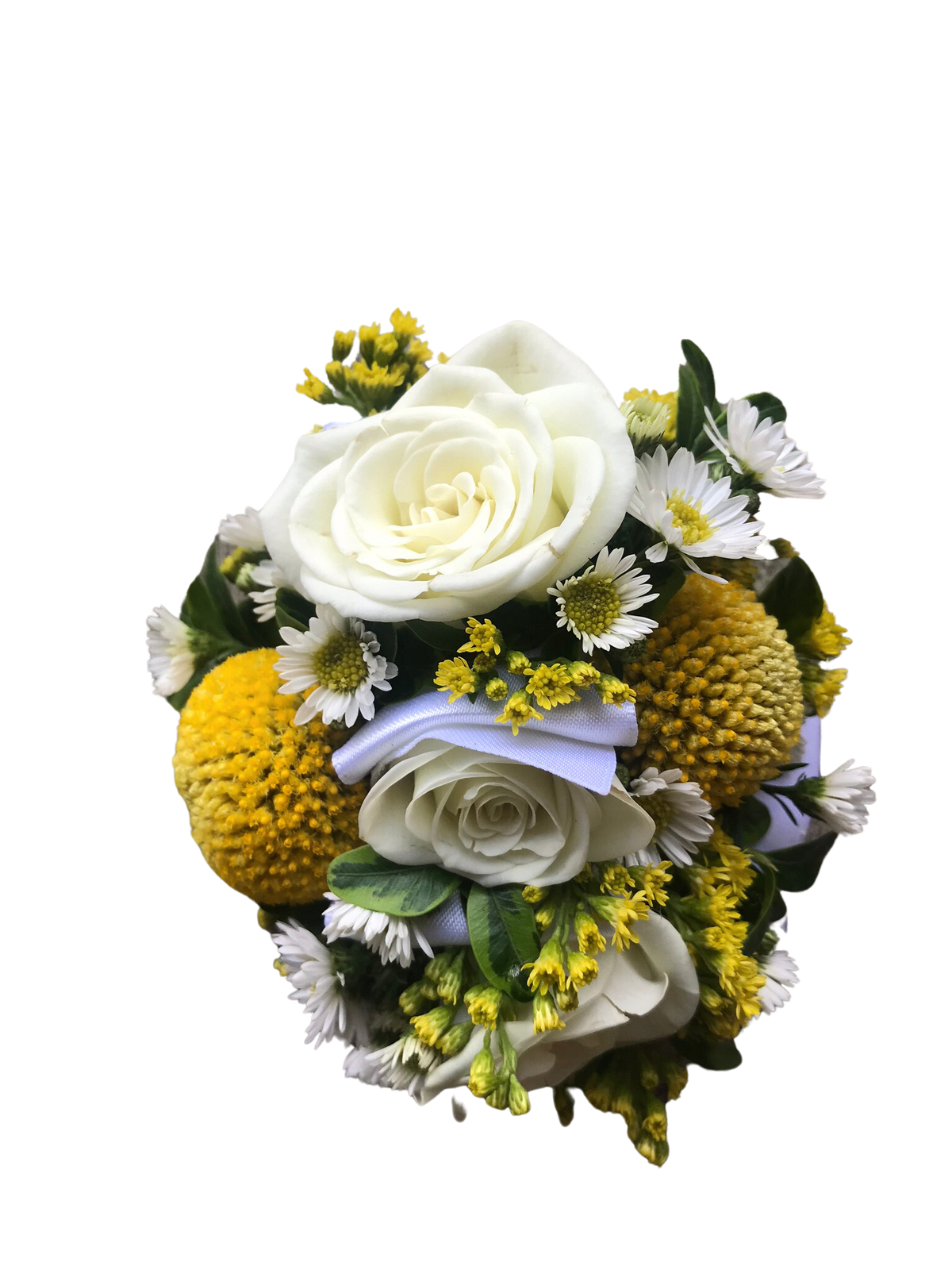 Yellow and White Wrist Corsage - White spray roses, yellow billy balls, white monte cassino, solidago and greenery with white satin ribbon on pearl bracelet. Greenery may vary based on season and availability.