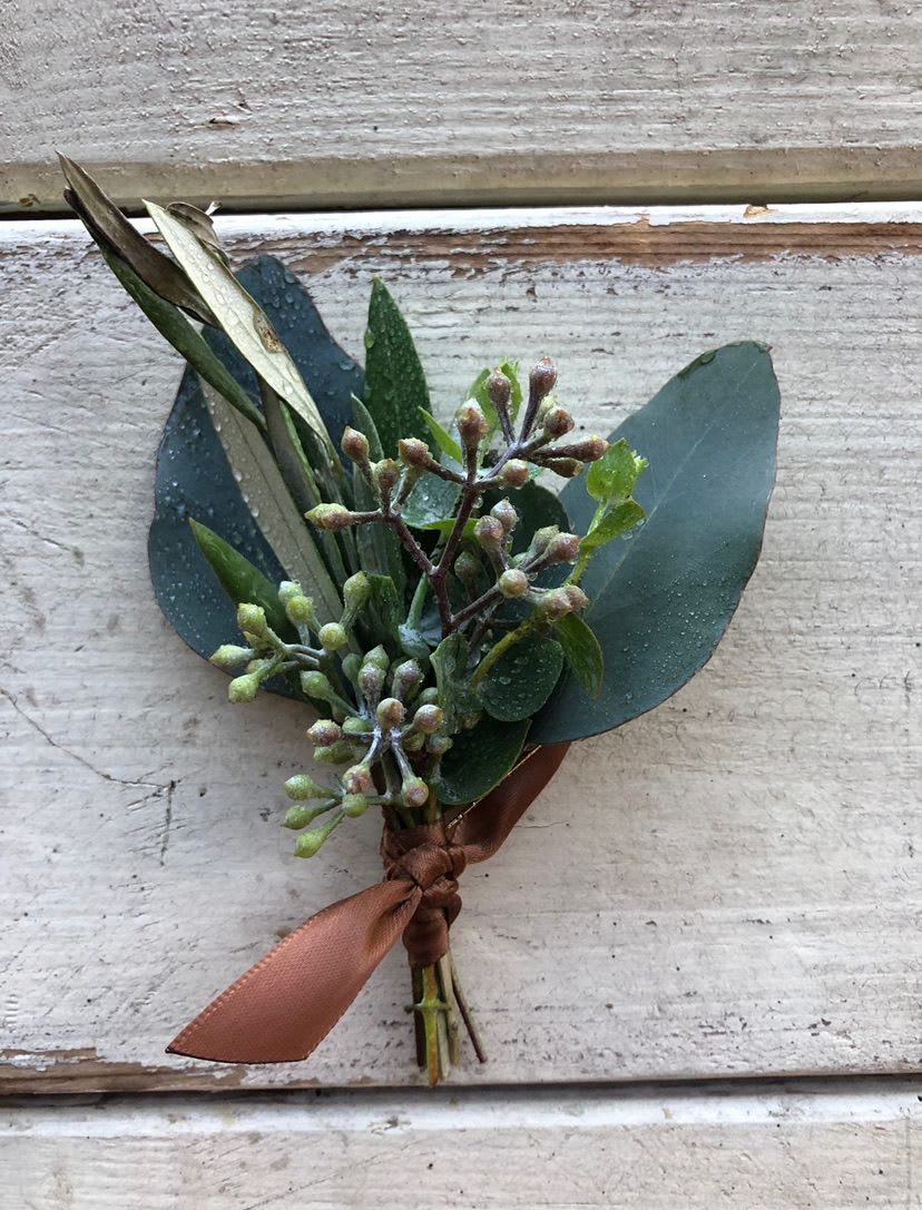 Boutonniere #1 Greenery Mixture - Variety of specialty greenery wrapped in ribbon. Please specify ribbon color