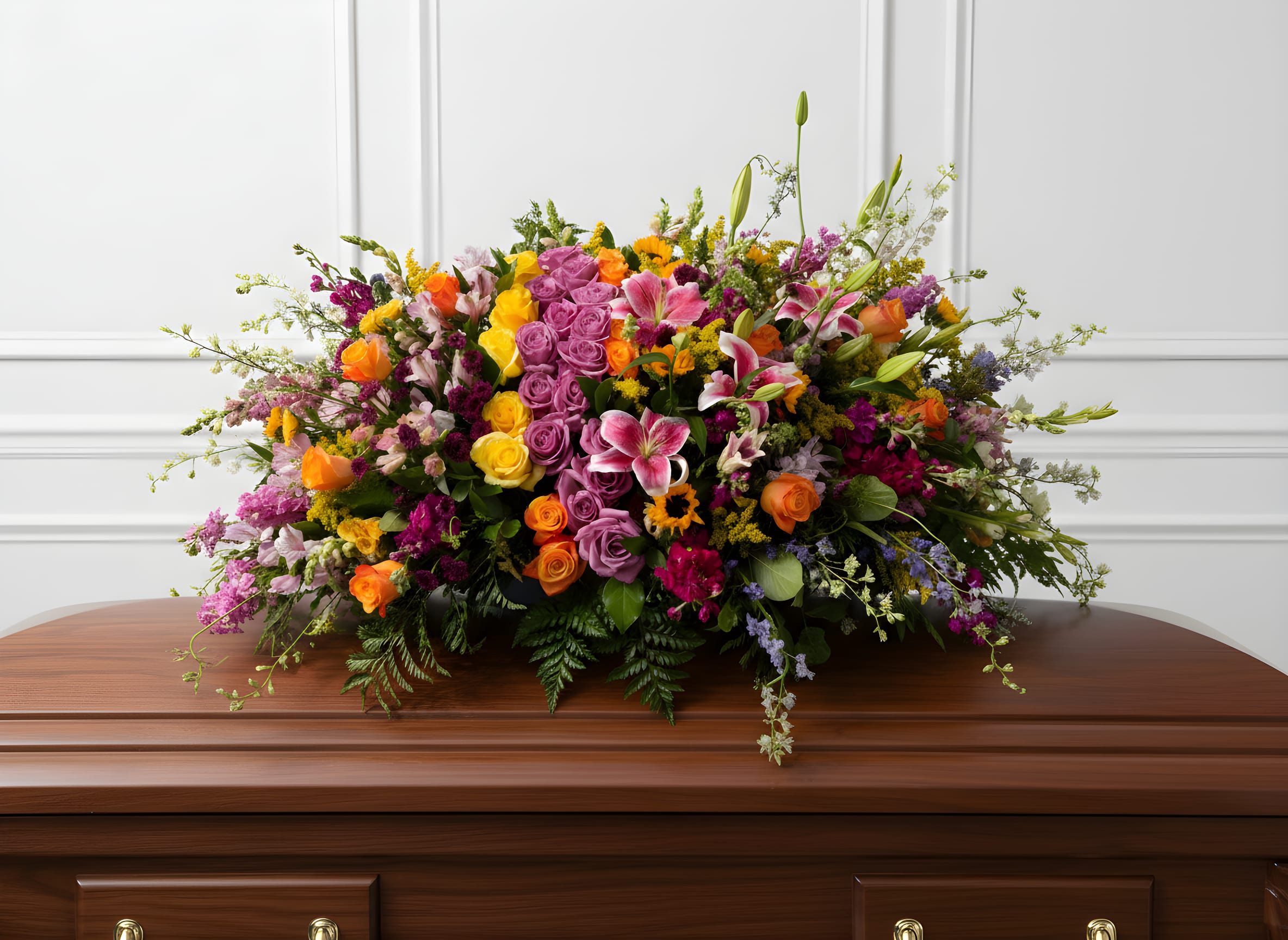 Garden of Memories Casket Spray - A full casket spray blooming with vibrant shades of orange, yellow, lavender, and pink flowers, artfully arranged with fresh greenery. This warm and colorful tribute celebrates a life filled with joy, love, and beautiful memories, offering a comforting and uplifting farewell.