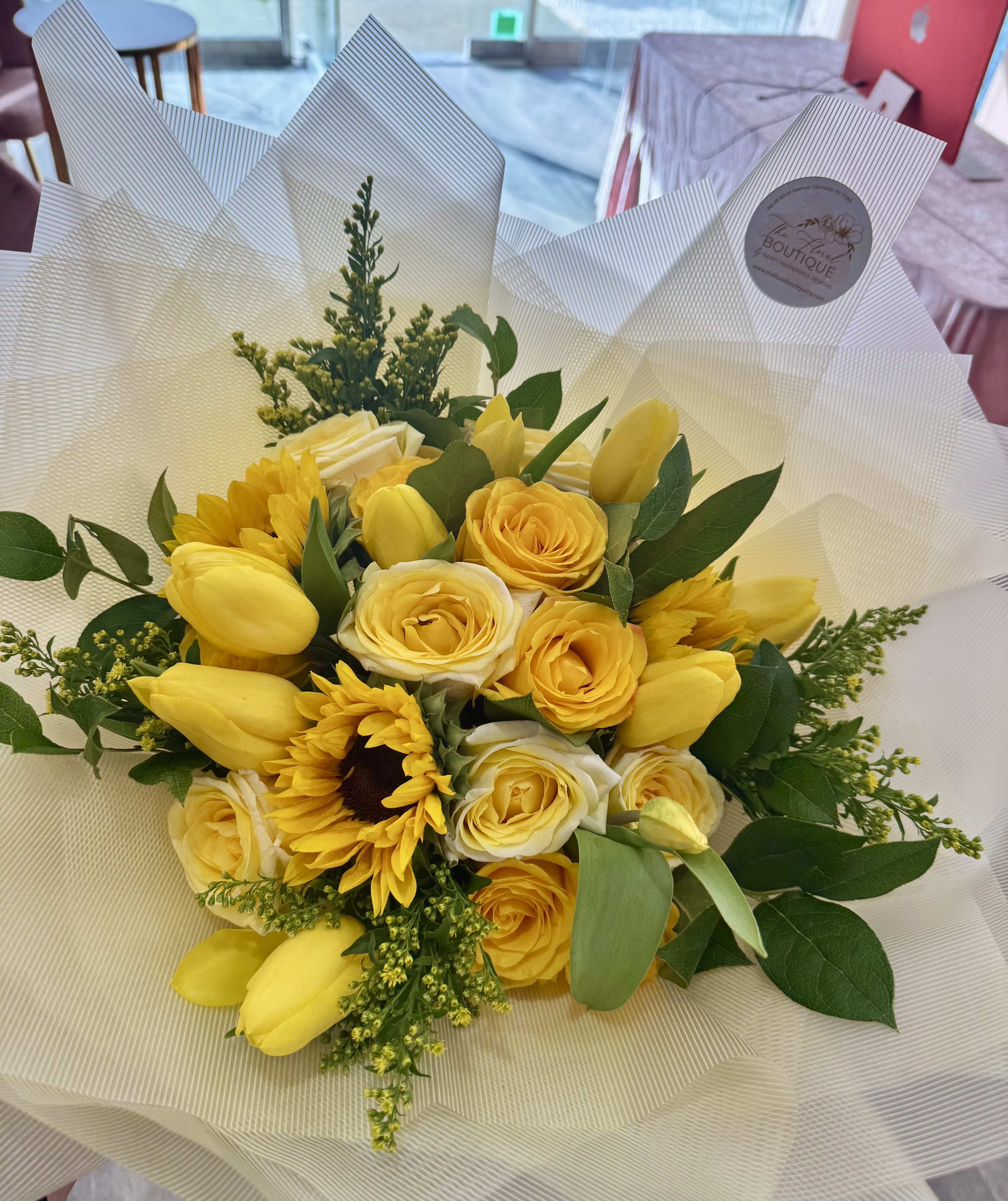 Yellow Mix Bouquet - Composition of premium roses with lush floral accents. Elegantly wrapped in our specialty waterproof paper.  Small (Standard)– 16 Premium Rose   Medium(Deluxe)– 25 Premium Rose   Large (Premium) – 35 Premium Rose