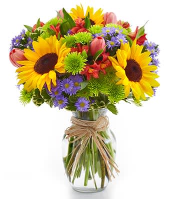 European Garden Bouquet - The essence of Europe comes to life in all its grandeur with this bright assortment of alstroemeria, button poms, Monte casino, sunflowers in an elegant clear glass vase. Measures 12"H by 10"L.